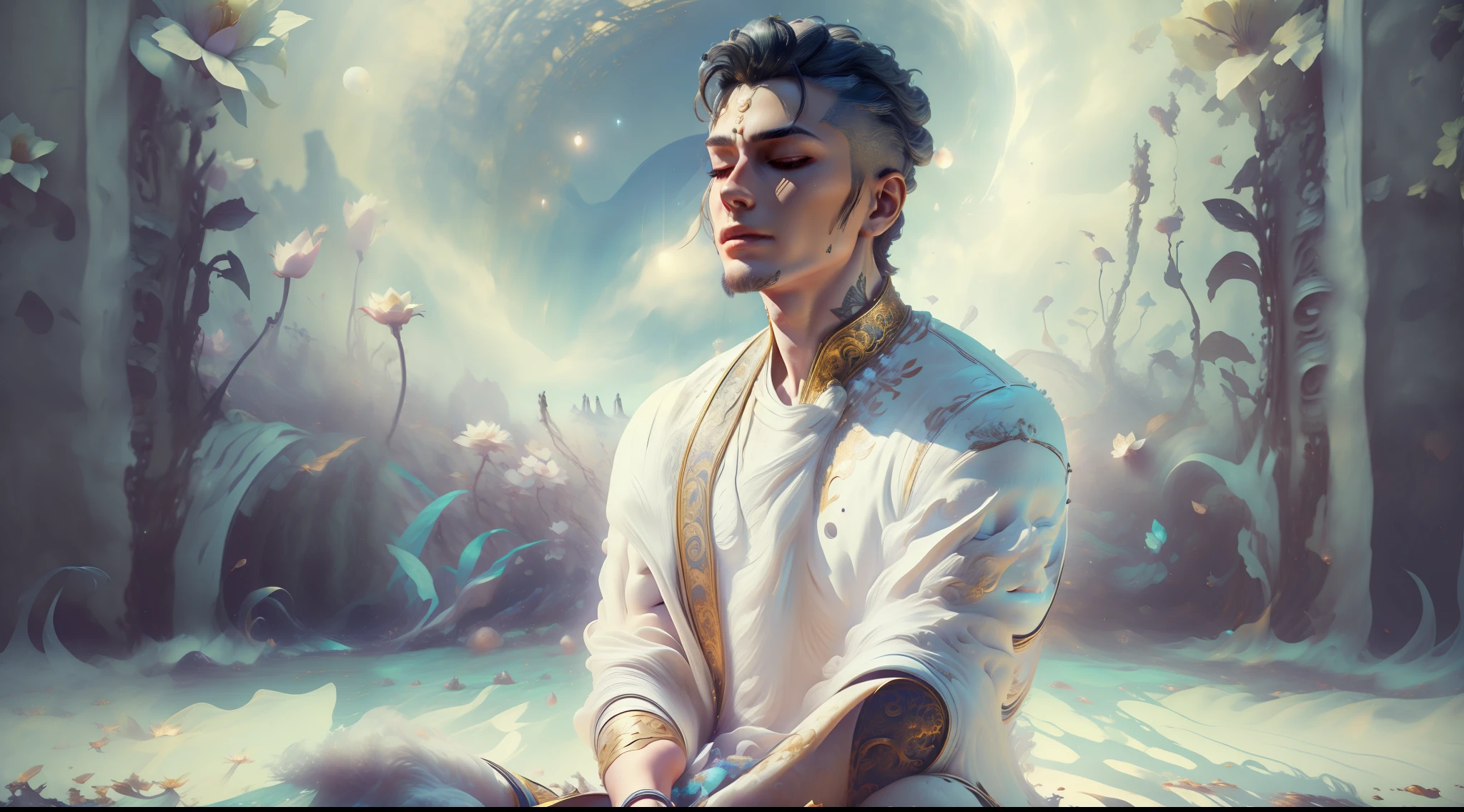 Handsome guy in a white shirt，Sit and meditate in a lotus pose，Look at the audience with your eyes closed，raised head，Floating on the ground，cheerfulness，A slight smil，realisticlying，Bokeh，light particules，very highly detailed background，detailed face with，Detailed and complex busy background，Untidy，opulent，milkyW，Highly detailed hands，Realistic details of skin，Visible Pore，tack sharp focus，volume fog，8K  UHD，digital SLR camera，high qulity，filmgrain，White skin of the，photo-realism，lomo graphy，Huge metropolis in a dystopia of the future , look from down