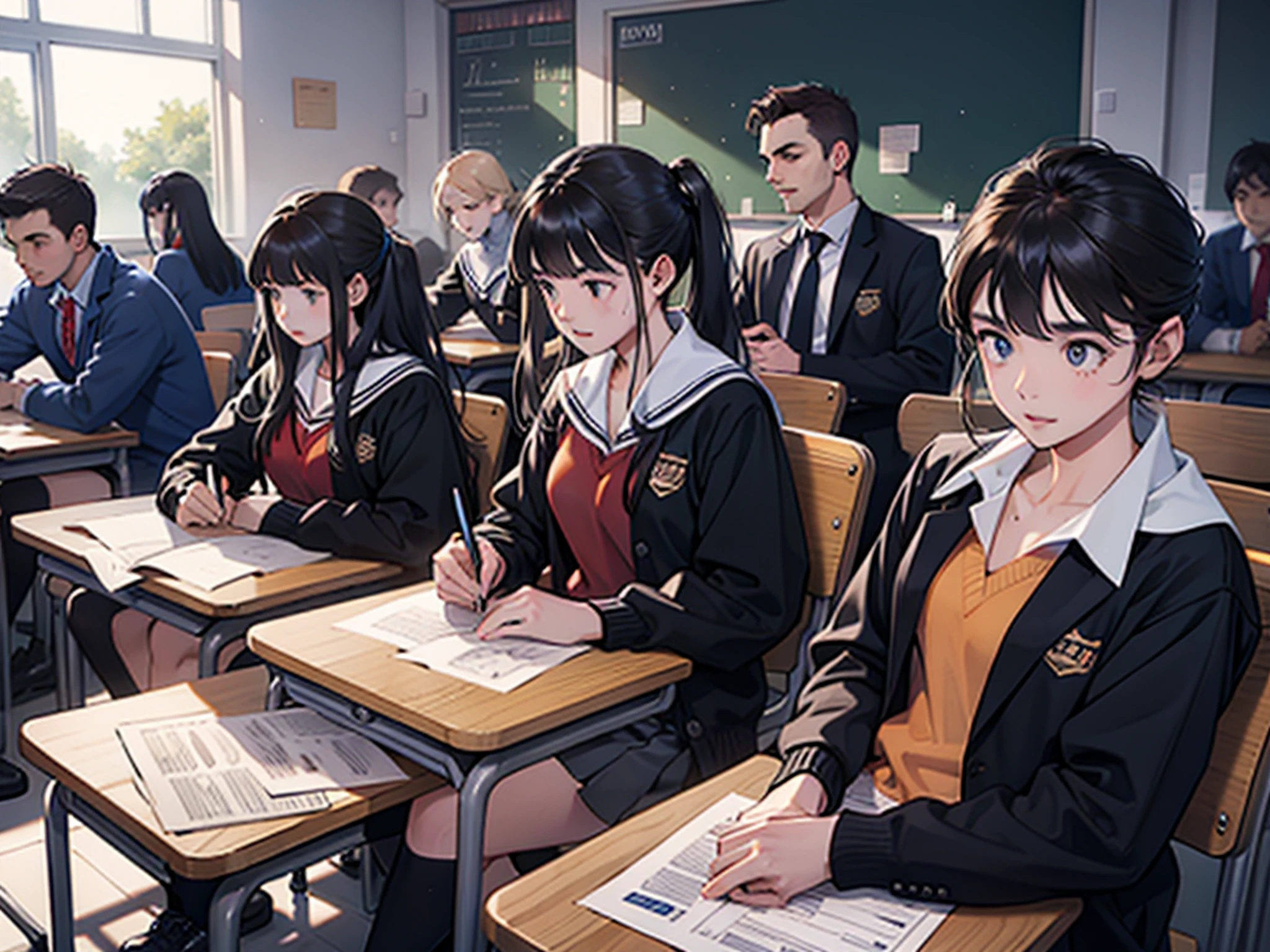 A group of students take an exam in a classroom
