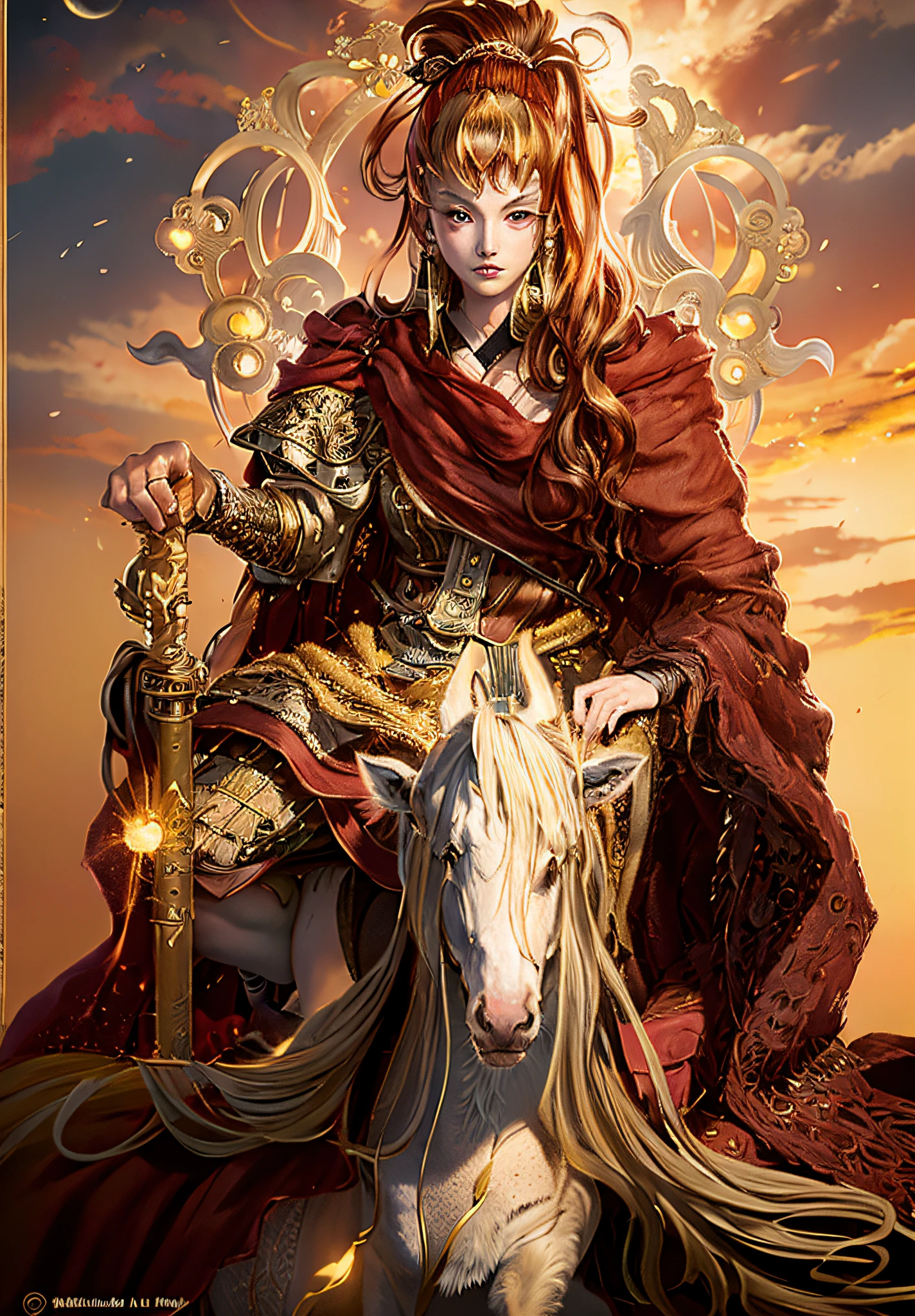 Painting of a woman riding a horse in a red cloak, full color drawing, inspired by Hirohiko Araki, anime in fantasy style, highly detailed exquisite fanart, Akira in Chinese mythology, high quality colorful sketch, line art in colour, color drawing, inspired in kris from deltarrune, inspired by Tsukioka Yoshitoshi, Boris Vallejo. Octopath Traveler