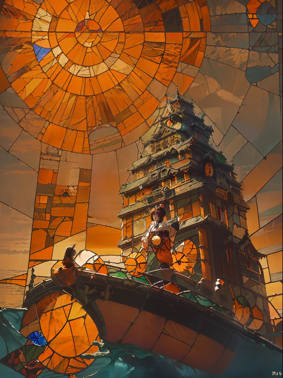 (round sun:2), Big Cloud under castle, (Japanese castle:2), green grass, (castle floating in the air:2), (in the air:2), (Stained glass style:2), rough, red color glass, (orange color glass:2), (sea:2)