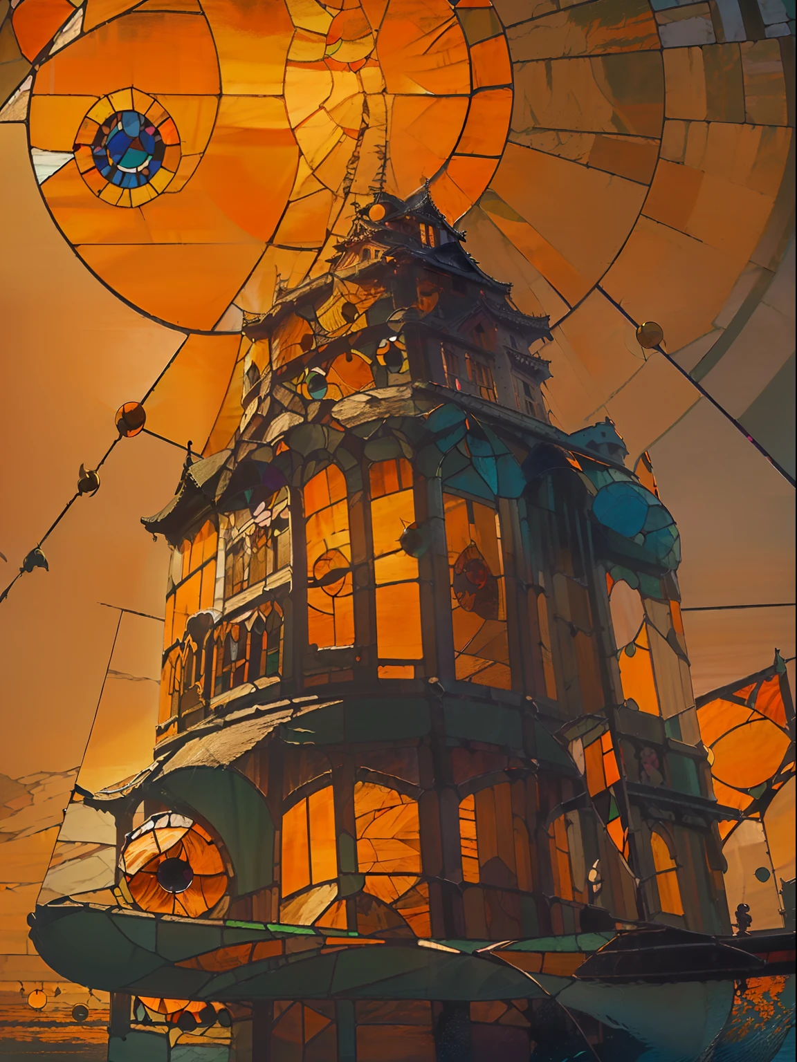 (round sun:2), Big Cloud under castle, (Japanese castle:2), green grass, (castle floating in the air:2), (in the air:2), (Stained glass style:2), rough, red color glass, (orange color glass:2), (sea:2)