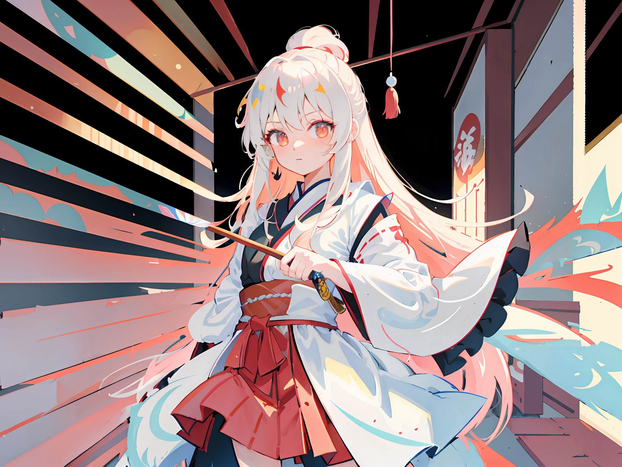 highr，1个Giant Breast Girl，Japan Flag，long  white hair，red color eyes，White samurai costume，Knife pulling posture，SakuraNS，katana swords，of the highest quality，Chinese girl design，Genshin detailed art，Anime character design，anime concept art，pretty anime character design，anime character reference sheet，[character  design]，