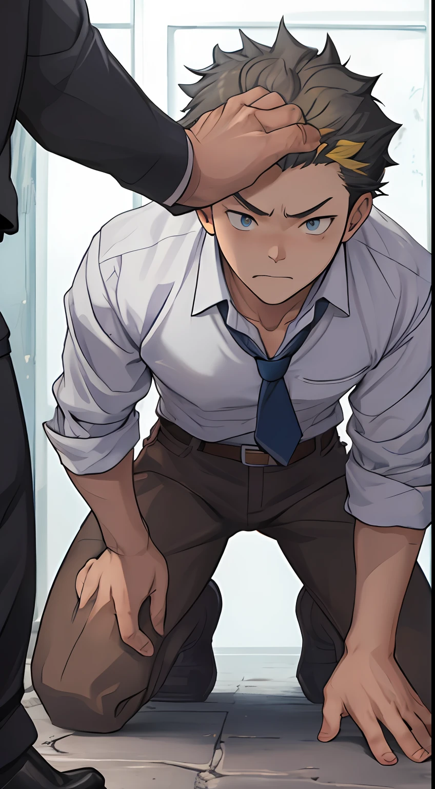 （1 Adult male），A high resolution， Sharp focus， Pixiv masterpiece， （（Complicated details））， highly  detailed， natsuki_subaru， 1 man，Defeat， crestfallen，full bodyesbian，kneels on the ground， （A gesture of pleading），blue color eyes（eyes glowing）， Short yellow hair，white  shirt，Wear a tie，Wear a belt，perspire，look from down