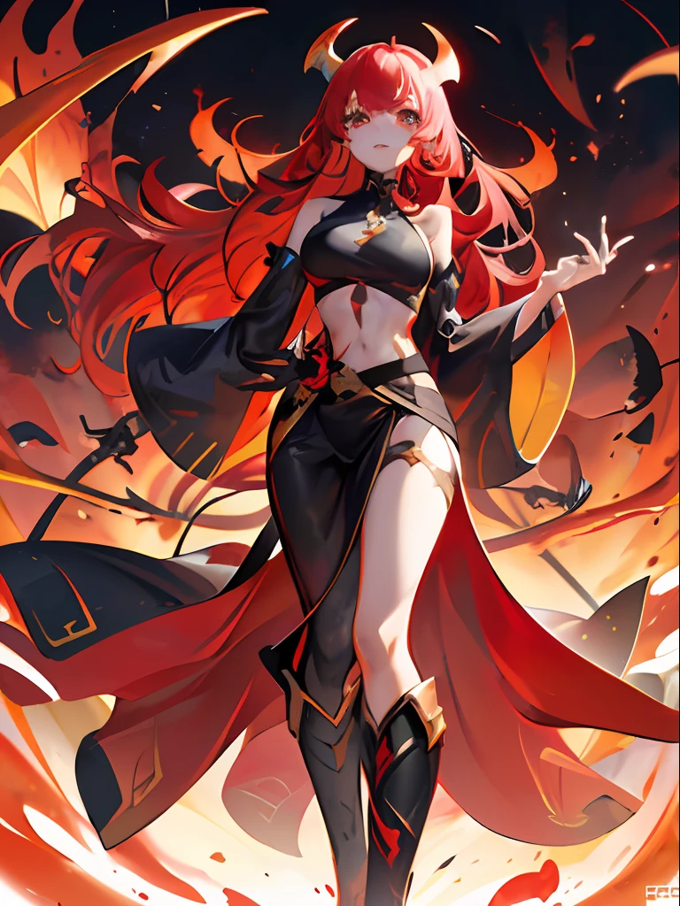 Futuristic Vtuber model concept design of a red wavy-haired woman with one golden eye with her (((torso floating above her waist like it’s been chopped in half))) has demon horns and tail with the end shaped like a fork, futuristic demon wings that disconnect from her body, fancy and detailed futuristic clothes