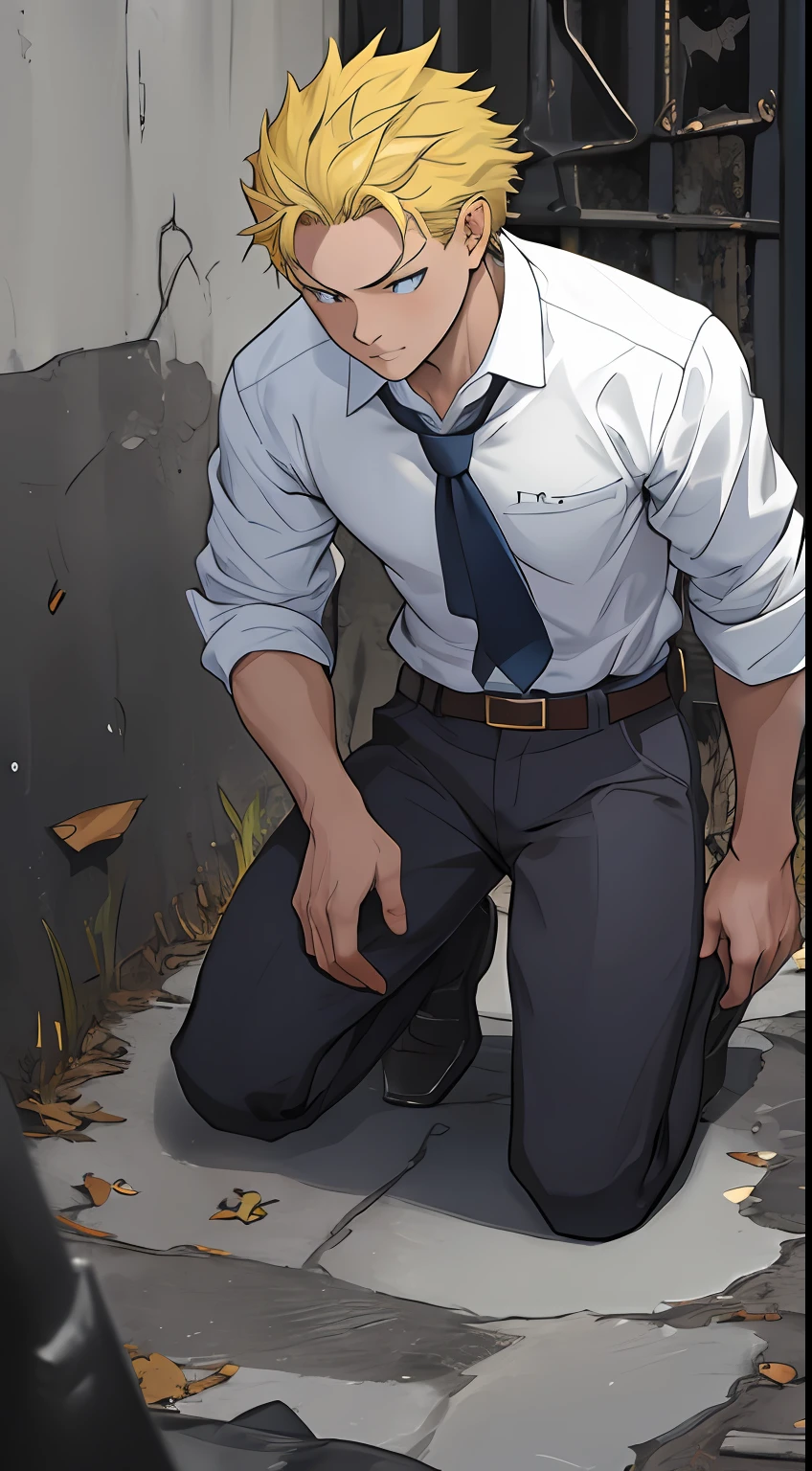 (1 Adult male),A high resolution, Sharp focus, Pixiv masterpiece, ((Complicated details)), highly detailed, natsuki_subaru, 1 man,Defeat, crestfallen,full bodyesbian,kneels on the ground, (A gesture of pleading),blue color eyes(eyes glowing), Short yellow hair,white shirt,Wear a tie,Wear a belt,perspire,look from down