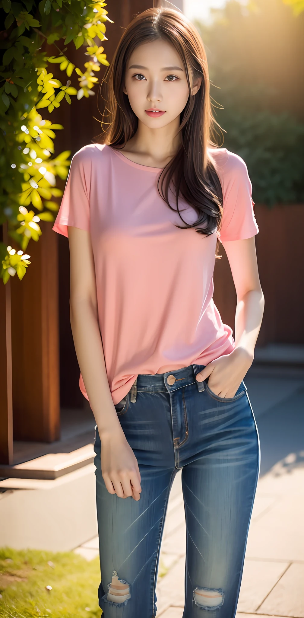 1 beautiful woman taking pictures on the grass of the villa,RAW photos,tmasterpiece,(highdetailskin:1.2),8k ultra high definition,digital SLR camera,gentlesoftlighting,high high quality,filmgrain,富士XT3,20 years old Asian woman,Wear simple clothes,T-shirt and skinny jeans,Detailed clothing details:1.3,perfect body figure,Perfect breasts and nipple bulge,The legs are straight and slender,Super detailed facial details and skin,Fair pink face and skin,The skin is pink,with light glowing,二重まぶた,Super detailed eyes,(Gloss on lips, eyeslashes, Glossy face, Best quality, Super high resolution, warm color,Wide lighting, naturalshadow), Sexy, Full body shooting: 1.8