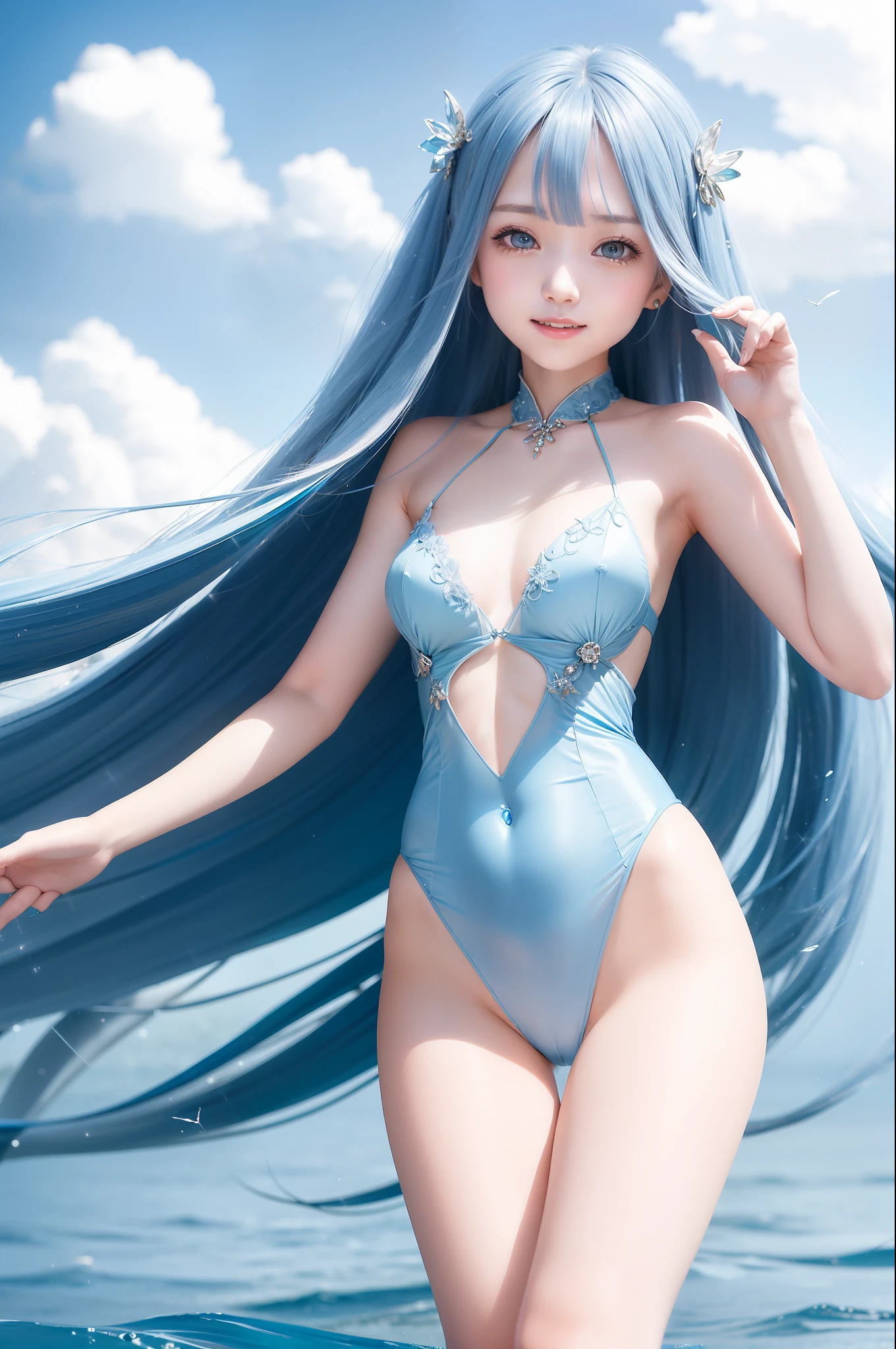Long blue hair fluttering in the sparkling wind、Depicted a girl with such an outstanding style in a beautiful photo。She has a natural smile、M-shaped legs are spread in a graceful posture.。Her eyes are shining、The skin is smooth and transparent。Sea and sky in the background、There is an expression of light that further enhances her beauty.。