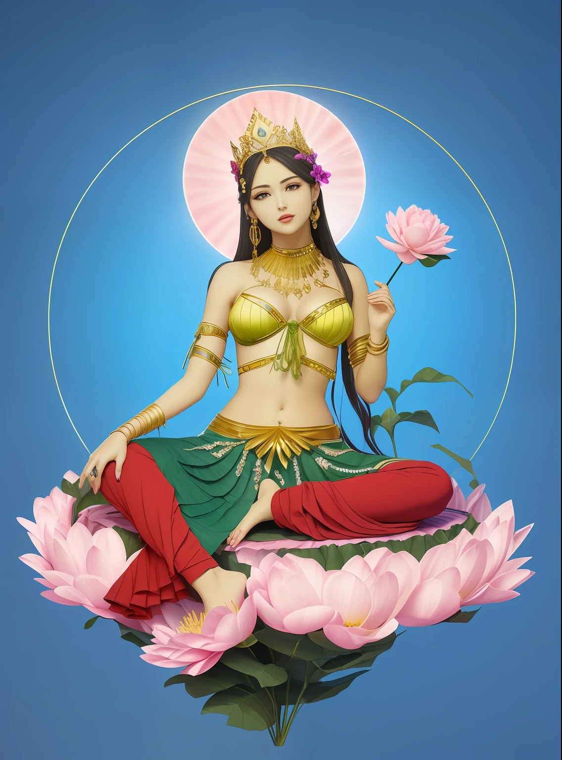 Beutiful women，Greenskin sits on a lotus，Wearing a delicate gold crown，beautiful countenance，Beautiful big eyes looking at the gaze of the audience，Pinch the flower stem with one hand，The other palm is facing outward，Barefoot on both feet，Lotus terrace，with blue sky and white clouds，（primitive：1.2），（realisticlying：1.4），（Sharpness：1.2），（A woman who is），16 yaers old，(((body high：1.5))),(((Green skin))),（（（Gemstones refract dazzling light））），（（middlebreast：1）），（Abs：0.7），（glute：1.2），(Healthy green skin， Thin skin， seductiveexpression， 二重まぶた，Jelly textured lips， Glowing lips，Small upturned lips，There is an eye in the middle of the forehead，((Yellow pleated bra))，Shiny skin，(((Green skin texture)))，Real pores，ctextured skin，choker necklace，Yingluo，（Wear gemstones，pearls，hisui，amber，），（Dynamic hair，Hair hanging down the shoulders，Beaded hairpins，Nobile，），Glossy glossy skin，greenish skin，eyes looking at the lens，The sky behind your head is illuminated by a circle of light，The background is blue sky， High quality detailing， exquisite detailing，Cinematic lighting，,absurderes, unbelievable Ridiculous, hugefilesize, ultra - detailed, A high resolution, The is very detailed，best qualtiy，tmasterpiece，illustratio，The is very detailed，CG，unified，8k 壁纸，Amazing Cleavage，finely detailled，tmasterpiece，(((dynamicposes)))， ((Correct anatomy)),(((Correct dissection))