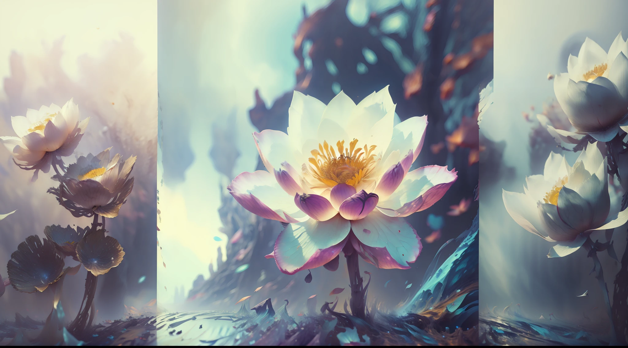 lotus flower，realisticlying，Bokeh，light particules，very highly detailed background，detailed face with，Detailed and complex busy background，Untidy，opulent，milkyW，Highly detailed hands，Realistic details of skin，Visible Pore，tack sharp focus，volume fog，8K  UHD，digital SLR camera，high qulity，filmgrain，White skin of the，photo-realism，lomo graphy，Huge metropolis in a dystopia of the future , look from down