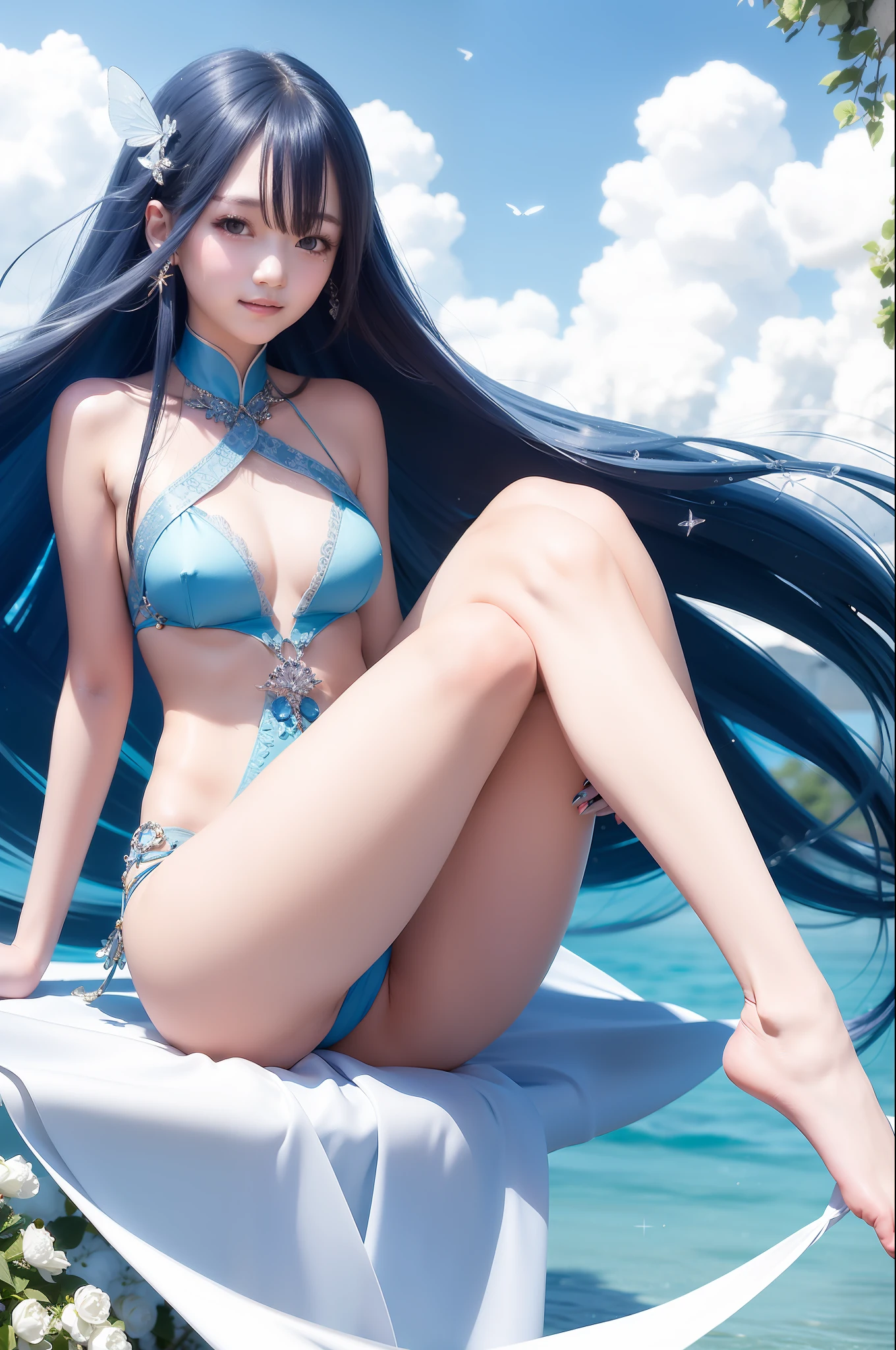 Long blue hair fluttering in the sparkling wind、Depicted a girl with such an outstanding style in a beautiful photo。She has a natural smile、M-shaped legs are spread in a graceful posture.。Her eyes are shining、The skin is smooth and transparent。Sea and sky in the background、There is an expression of light that further enhances her beauty.。