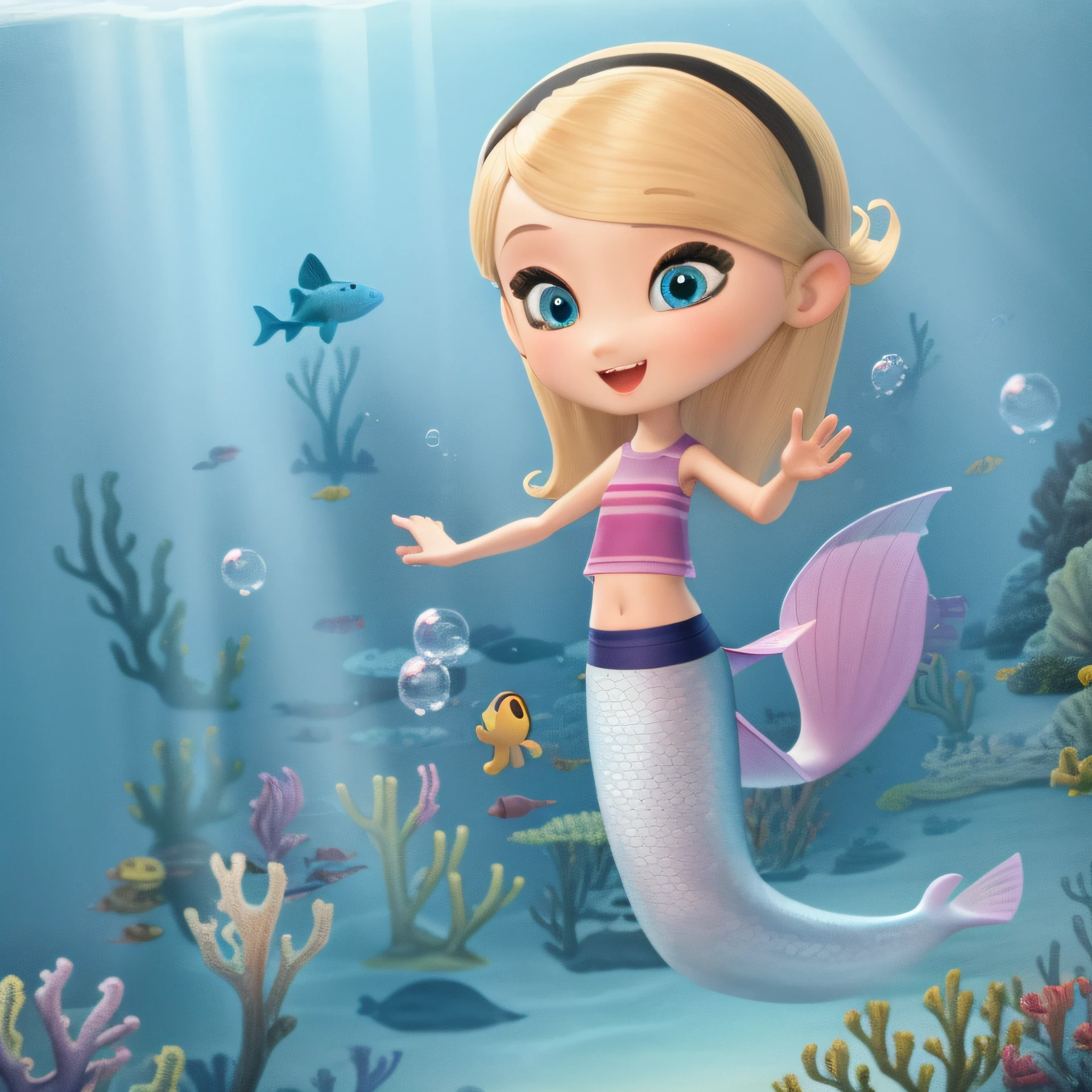 1girl, solo, 9-, child, fody, mermaid, mergirl, floating blonde hair, purple headband, blue eyes, pink sleeveless crop top, purple tail,teal fin, excited, beautiful art, swim, under the sea, bubbles, adorable art.