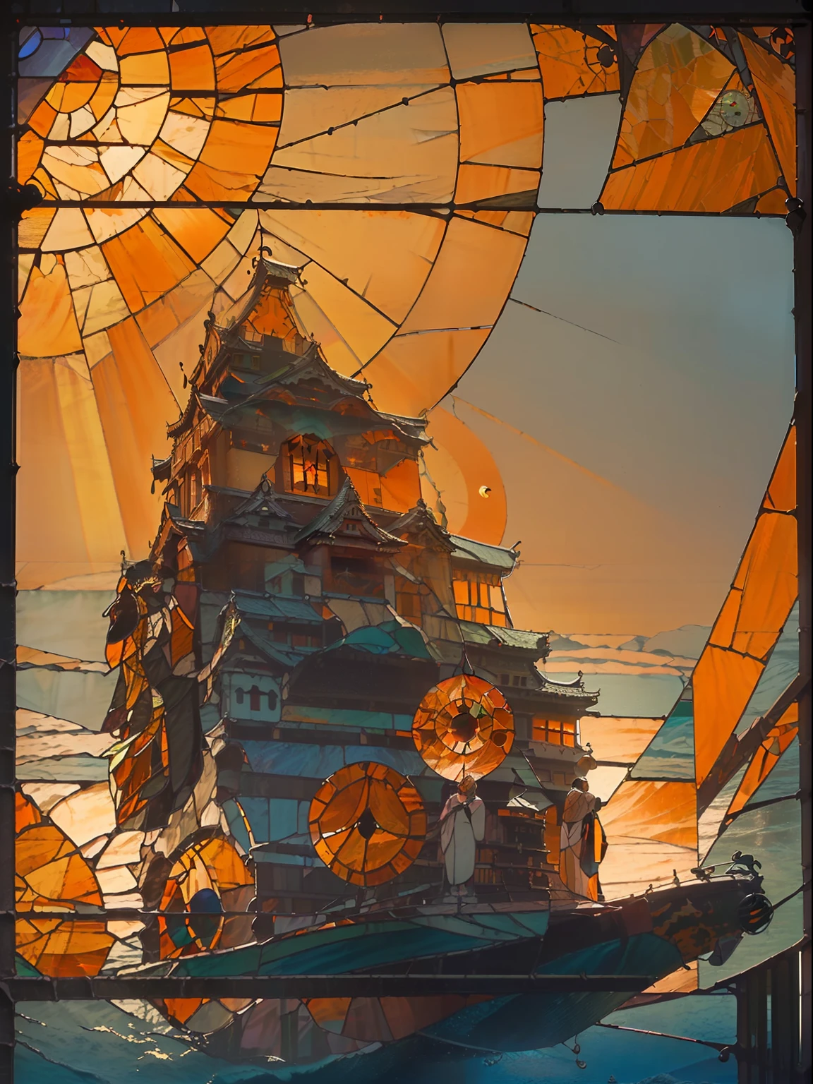 (round sun:2), Big Cloud under castle, (Japanese castle:2), green grass, (castle floating in the air:2), (in the air:2), (Stained glass style:2), rough, red color glass, (orange color glass:2), (sea:2)