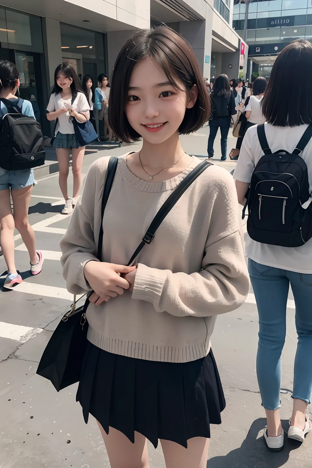 student、middle school girl、bobhair、a smile、I have luggage、Cute clothes、shopping mall、Crowds、a smile