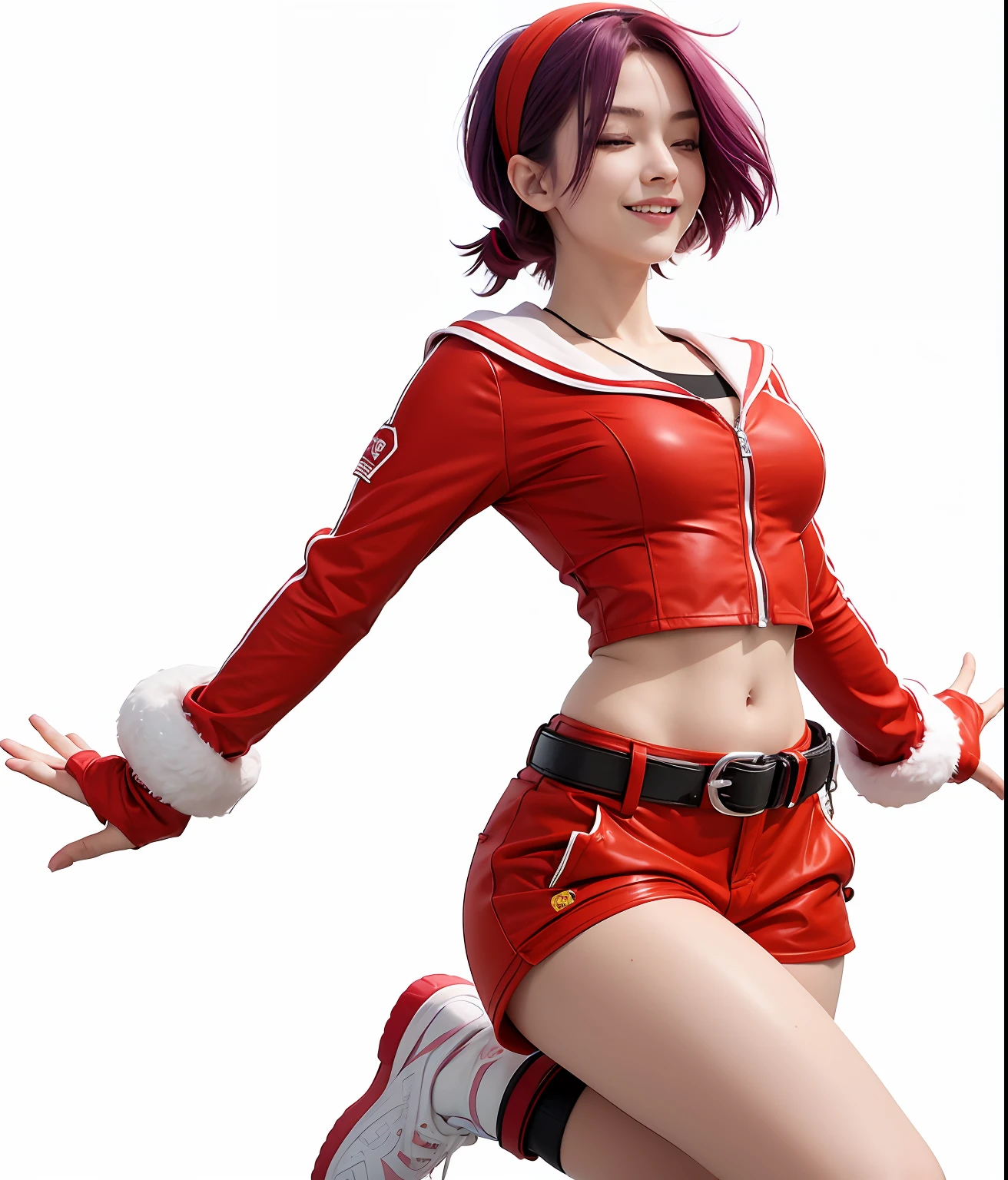 cute Girl, purple hair on red hair band,red tops, red hand gloves, left eye closed,happy,red short pant with black belt,