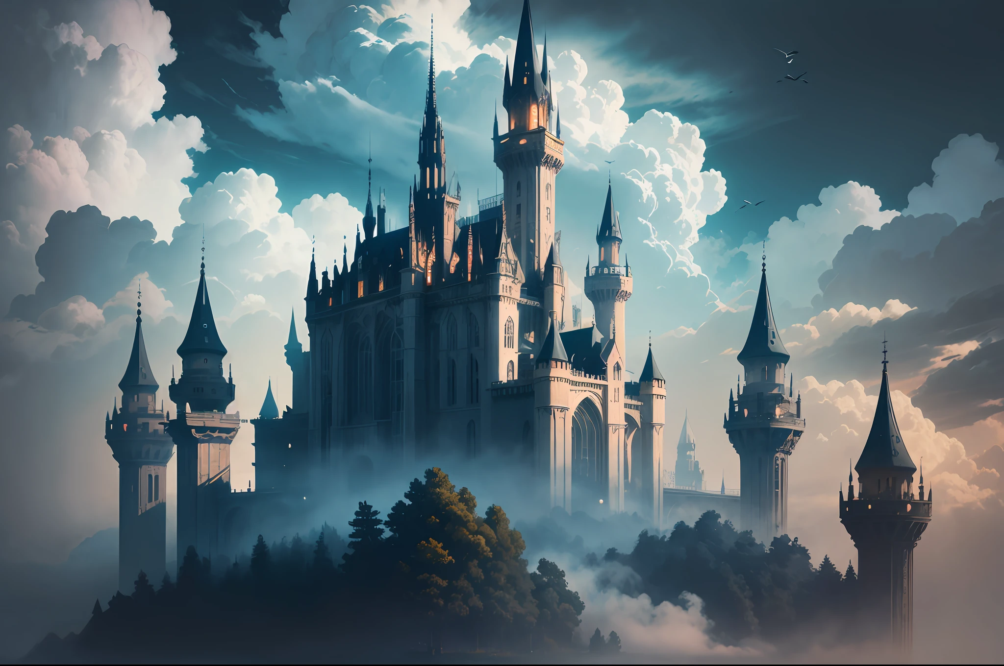 "Castle in the Sky", majestic, mystical, floating, ethereal atmosphere, dramatic lighting, vibrant colors, intricate details, breathtaking view, clouds swirling around, birds flying, a sense of wonder and awe.