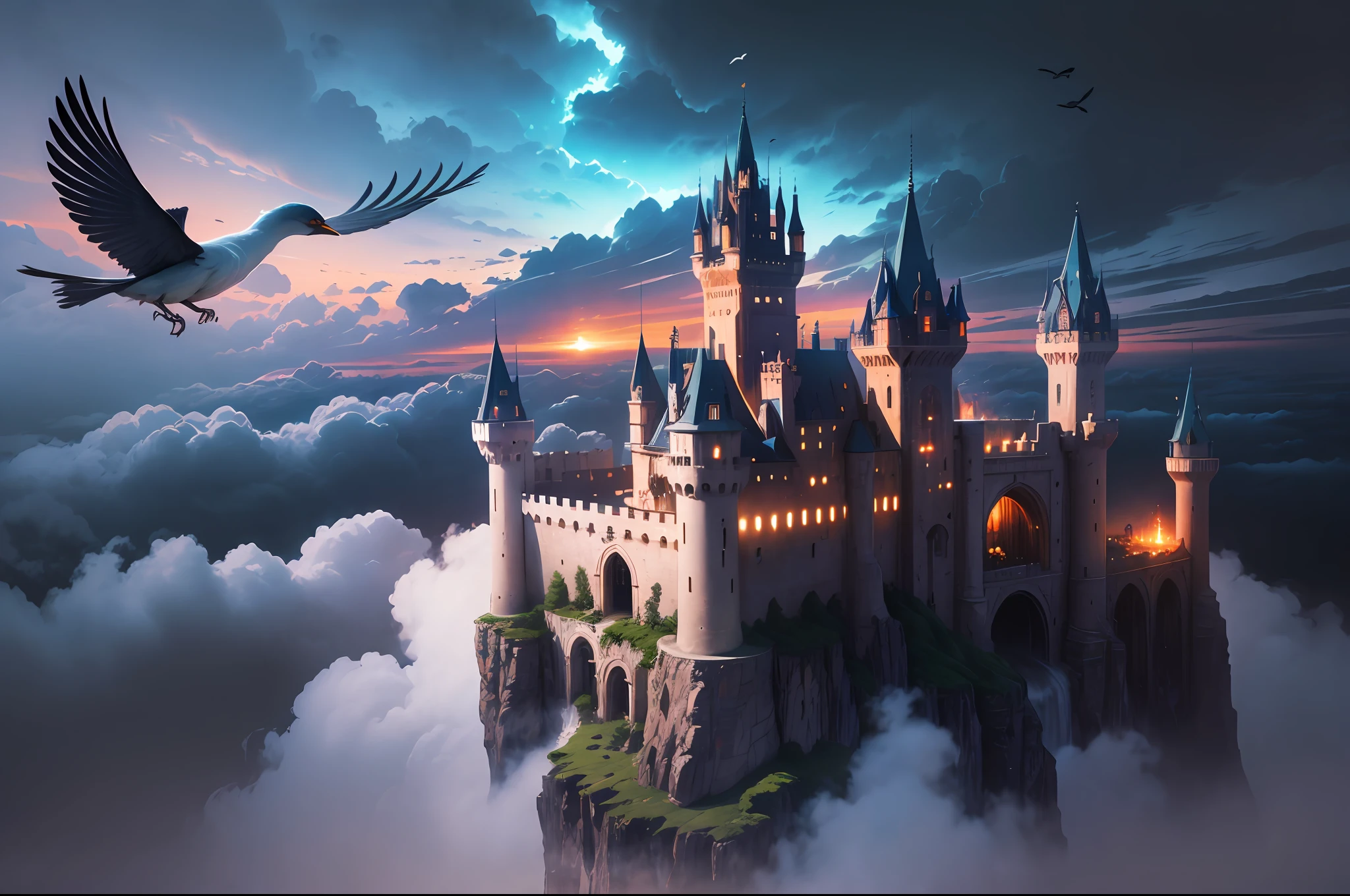 "Castle in the Sky", majestic, mystical, floating, ethereal atmosphere, dramatic lighting, vibrant colors, intricate details, breathtaking view, clouds swirling around, birds flying, a sense of wonder and awe.