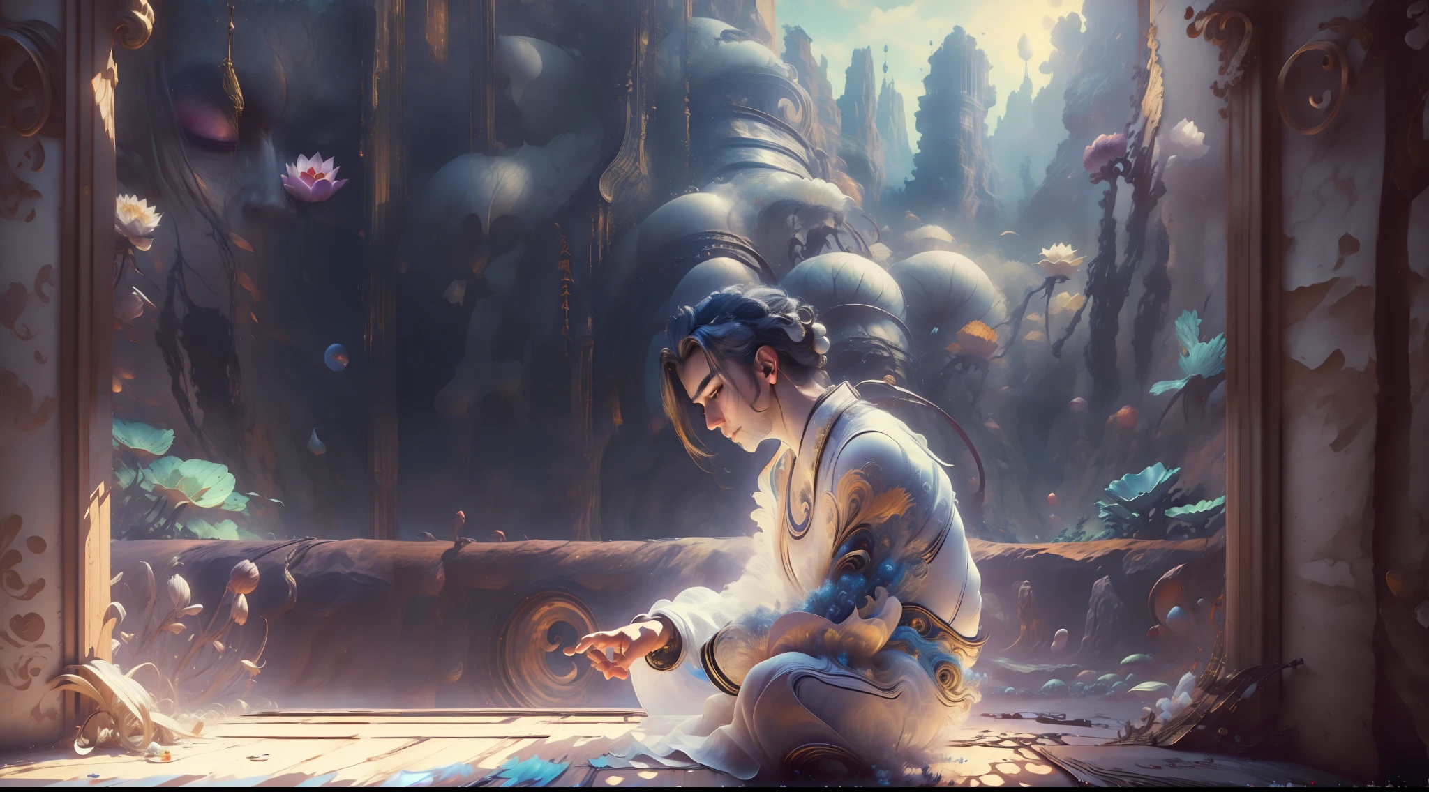 Handsome guy in a white shirt,Sit and meditate in a lotus pose,Look at the audience with your eyes closed,raised head,Floating on the ground,cheerfulness,A slight smil,realisticlying,Bokeh,light particules,very highly detailed background,detailed face with,Detailed and complex busy background,Untidy,opulent,milkyW,Highly detailed hands,Realistic details of skin,Visible Pore,tack sharp focus,volume fog,8K UHD,digital SLR camera,high qulity,filmgrain,White skin of the,photo-realism,lomo graphy,Huge metropolis in a dystopia of the future , View from below,Eau,(Very detailed CG unity 8k wallpaper),most beautiful artwork in the world,Professional majestic oil painting,iintricate,high detal,sharp fokus,dramatics,Realistic painting art