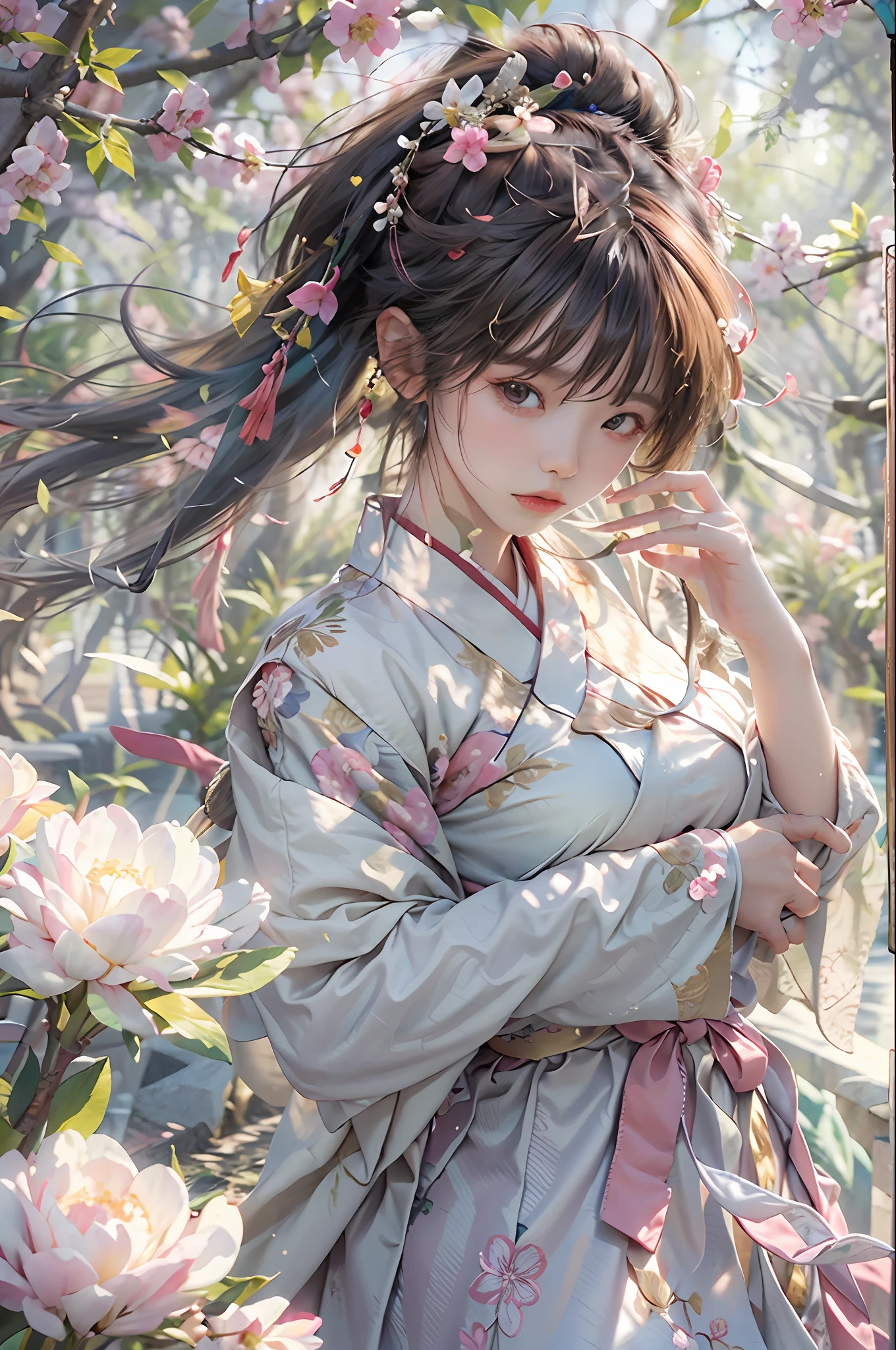 zhongfenghua, 1girl, (full body) solo, hanfu, flower field, blossom, (white smokes:1.3) (photorealistic:1.4), zentangle, mandala, entangle, official art, unity 8k wallpaper, ultra detailed, beautiful and aesthetic, masterpiece,best quality, (dynamic angle:1.4), glowing skin, (floating colorful sparkles:1) the most beautiful form of chaos, elegant, a brutalist designed, vivid colours, romanticism depth of field,