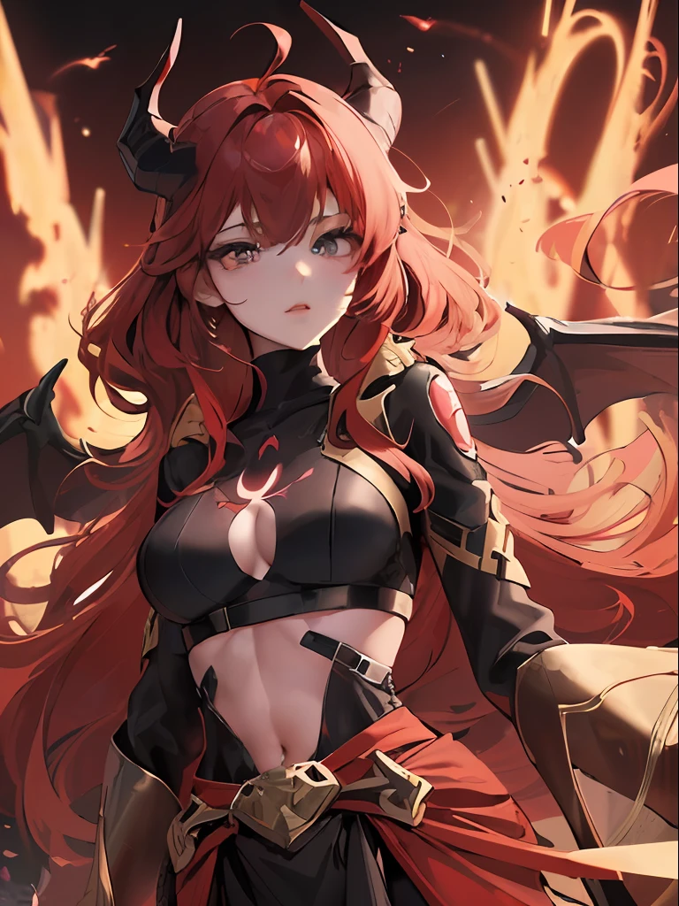 Futuristic Vtuber model concept design of a red wavy-haired woman with one golden eye with her (((torso floating above her waist like it’s been chopped in half))) has demon horns and tail with the end shaped like a fork, futuristic demon wings that disconnect from her body, fancy and detailed futuristic clothes