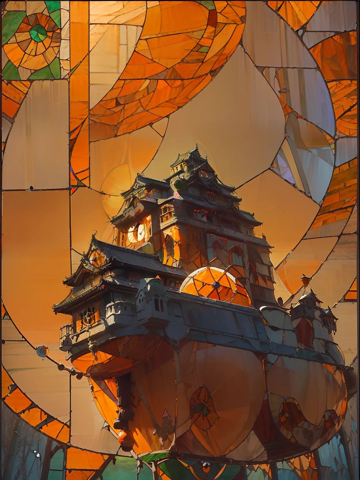 (round sun:2), Big Cloud under castle, (Japanese castle:2), green grass, (castle floating in the air:2), (in the air:2), (Stained glass style:2), rough, red color glass, (orange color glass:2)