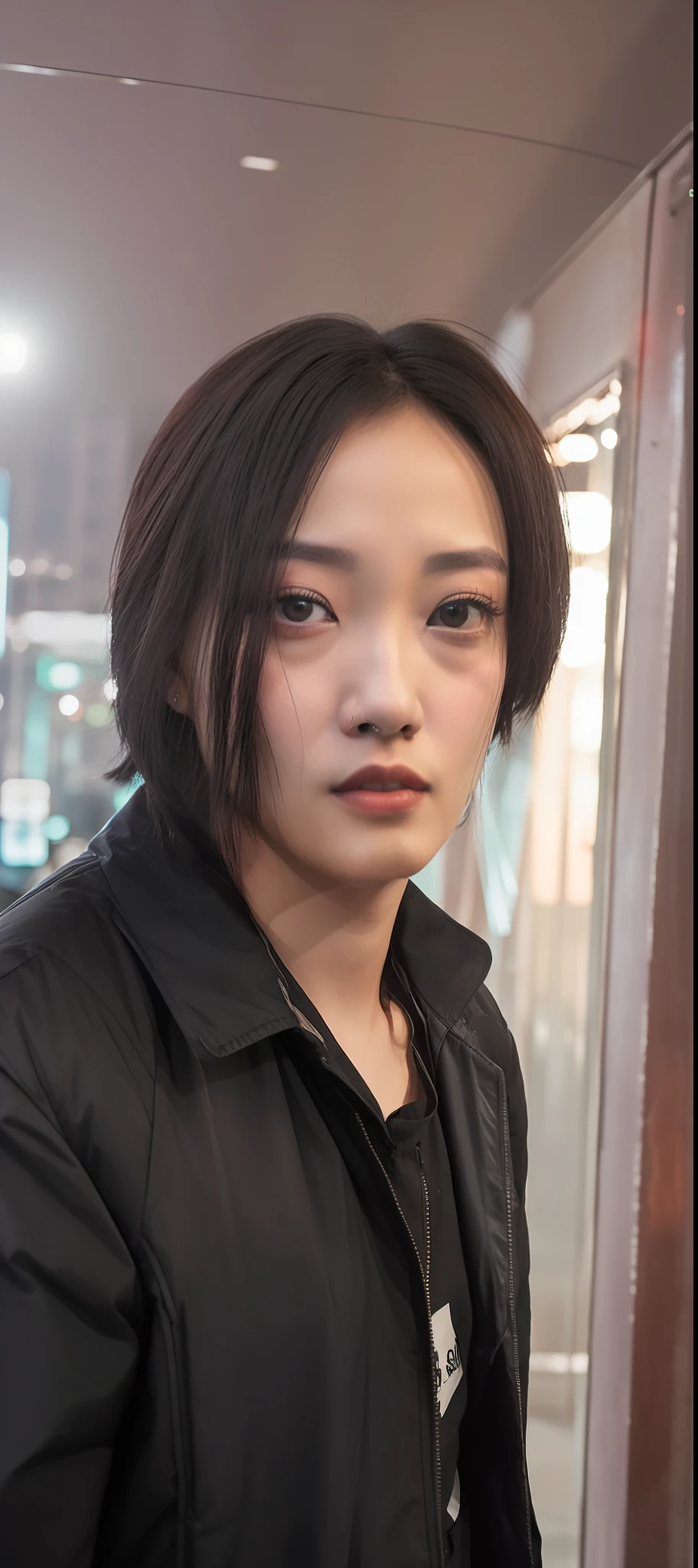 Selfie, street shooting, lens blur, Zhou Xun, cinematic sense, Guangzhou streets, hyper-realism, movie lighting effects, loneliness of people coming and going