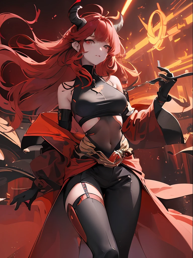 Futuristic Vtuber model concept design of a red wavy-haired woman with one golden eye with her (((torso floating above her waist like it’s been chopped in half))) has demon horns and tail with the end shaped like a fork, futuristic demon wings that disconnect from her body, fancy and detailed futuristic clothes