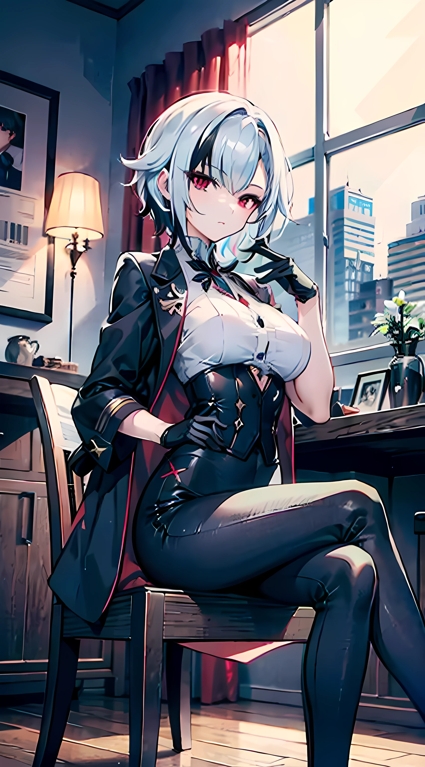 (masterpiece, best quality), 1girl, mature woman, tall woman, white hair, short hair, black gloves, formal outfit, pants, sit on chair, crossed legs, 2 legs, red eyes, serious look, looking at papers, paper in hand, cabinet room, bookshell, lamp, steampunk, coat in chair back, good quality, arlecchino \(genshin impact\), x-shaped pupils, multicolored hair, black strand of hair, elbow on table, high res, ultrasharp, 8k, city, snow outside of window,