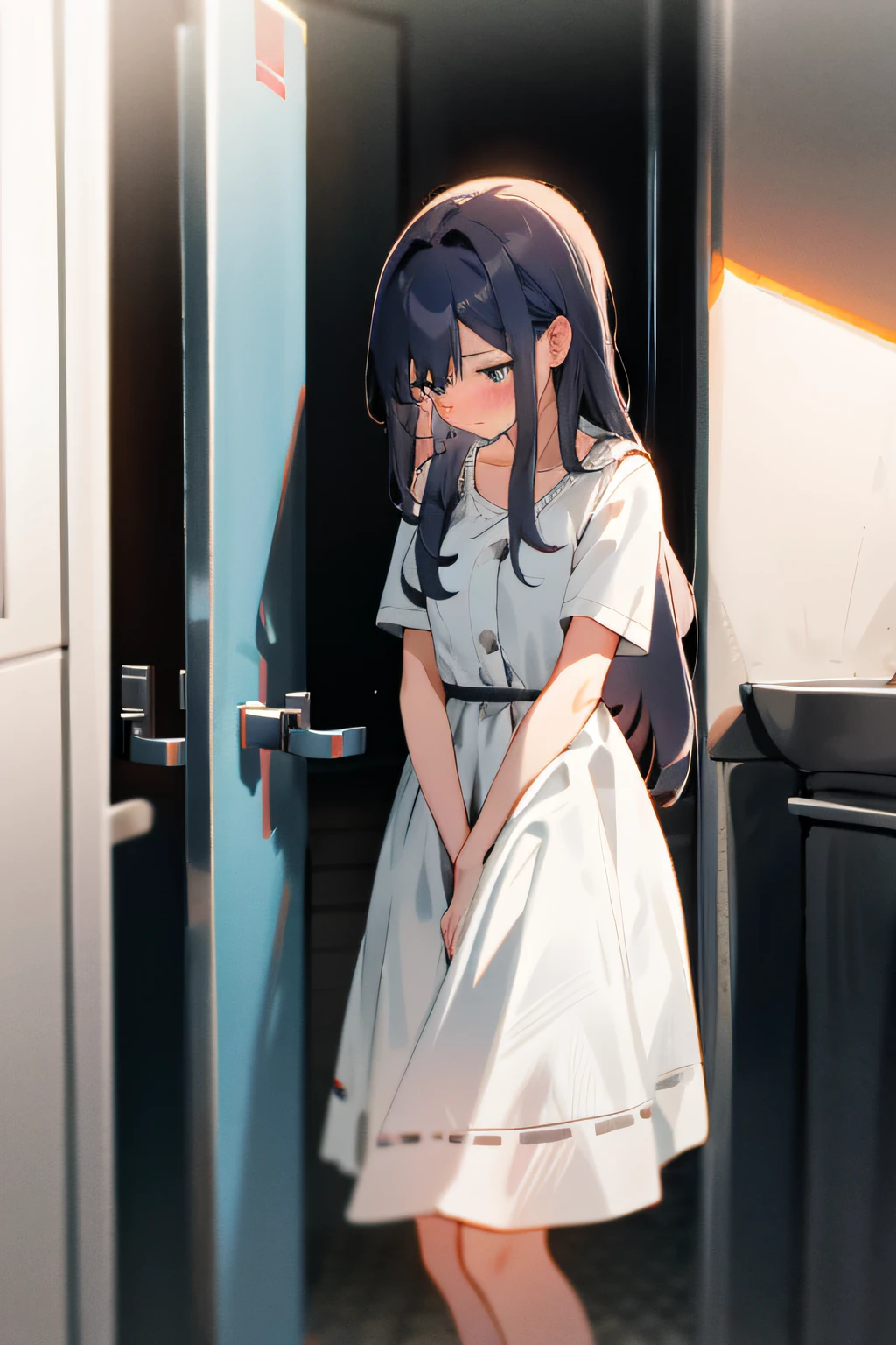 1girl with long hair and dress, 1 girl is taking to lavatory, looking away, standing, embarrassed, blush, Keep one's mouth shut, street (girl is peeing self:0.4)