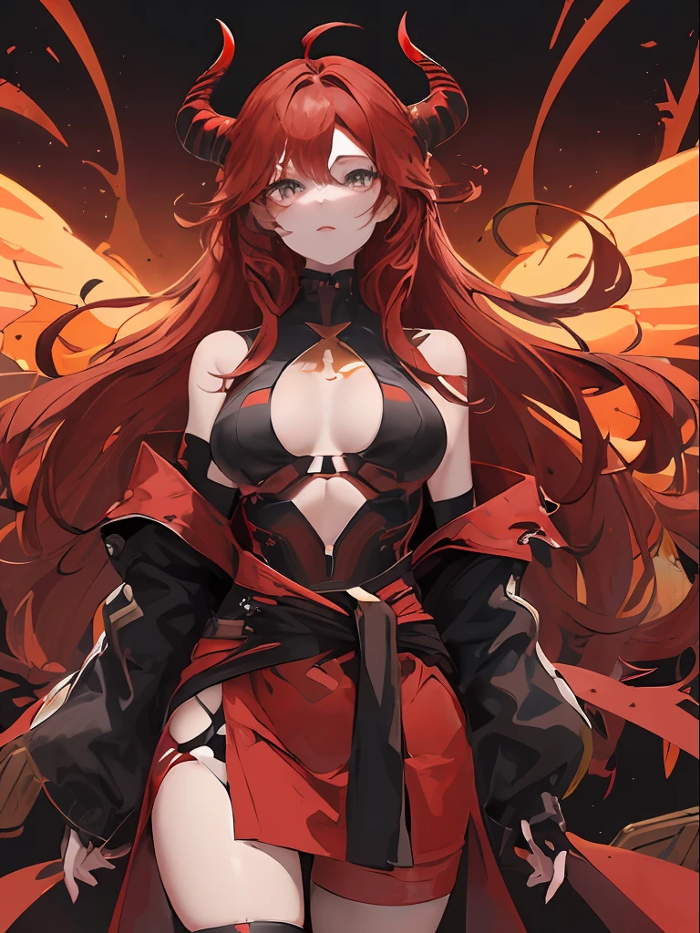 Futuristic Vtuber model concept design of a red wavy-haired woman with one golden eye with her (((torso floating above her waist like it’s been chopped in half))) has demon horns and tail with the end shaped like a fork, futuristic demon wings that disconnect from her body, fancy and detailed futuristic clothes