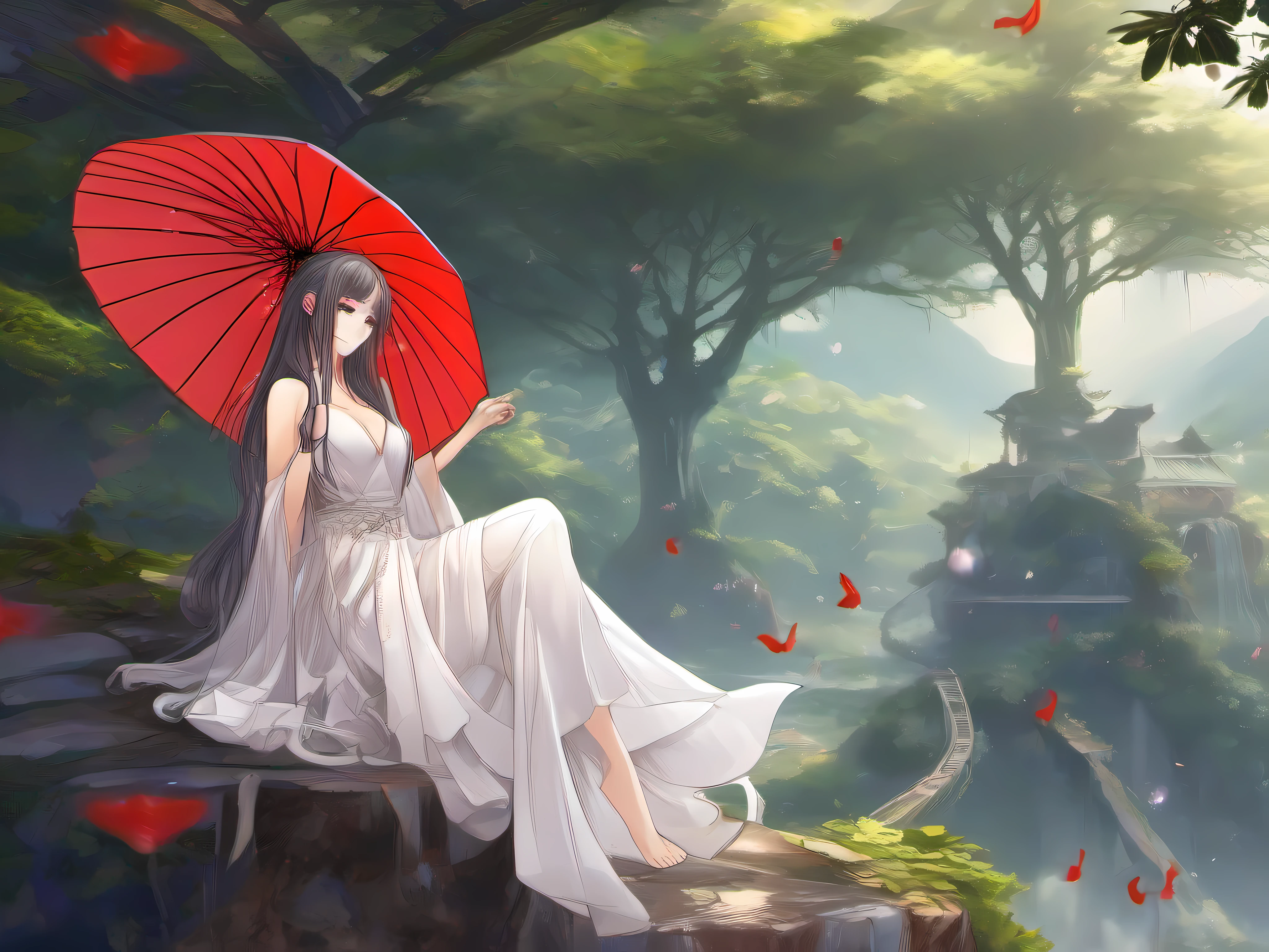 A red umbrella hung over his head，Black and white tail，1个Giant Breast Girl，exposed bare shoulders，brunette color hair，耳Nipple Ring，Estampados florales，hair adornments，high-heels，long whitr hair，nabel，simple backgound，a skirt，独奏，Rainforest background，A beautiful anime woman，Ethereal beauty，Anime goddess，Beautiful anime style，beautiful fantasy art，Anime girl with long hair，beautiful fantasy anime，a beautiful anime portrait，attractive anime girls，Flowing white robe，Beautiful anime artwork，Beautiful anime art