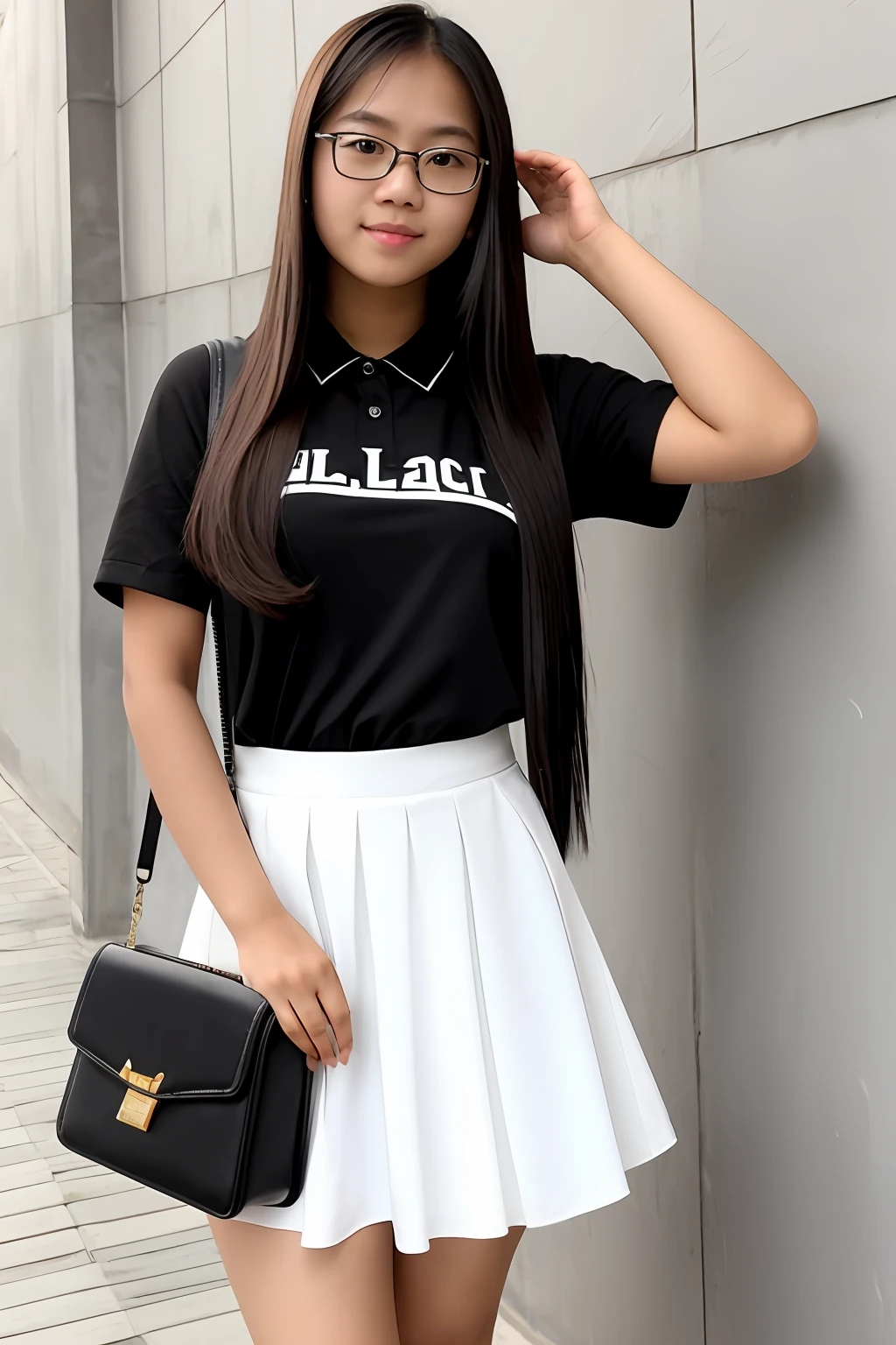 Indonesian girl, beautiful and cute, white and smooth, wearing high school clothes, long hair, wearing glasses, carrying a black bag, wearing a skirt, full body.