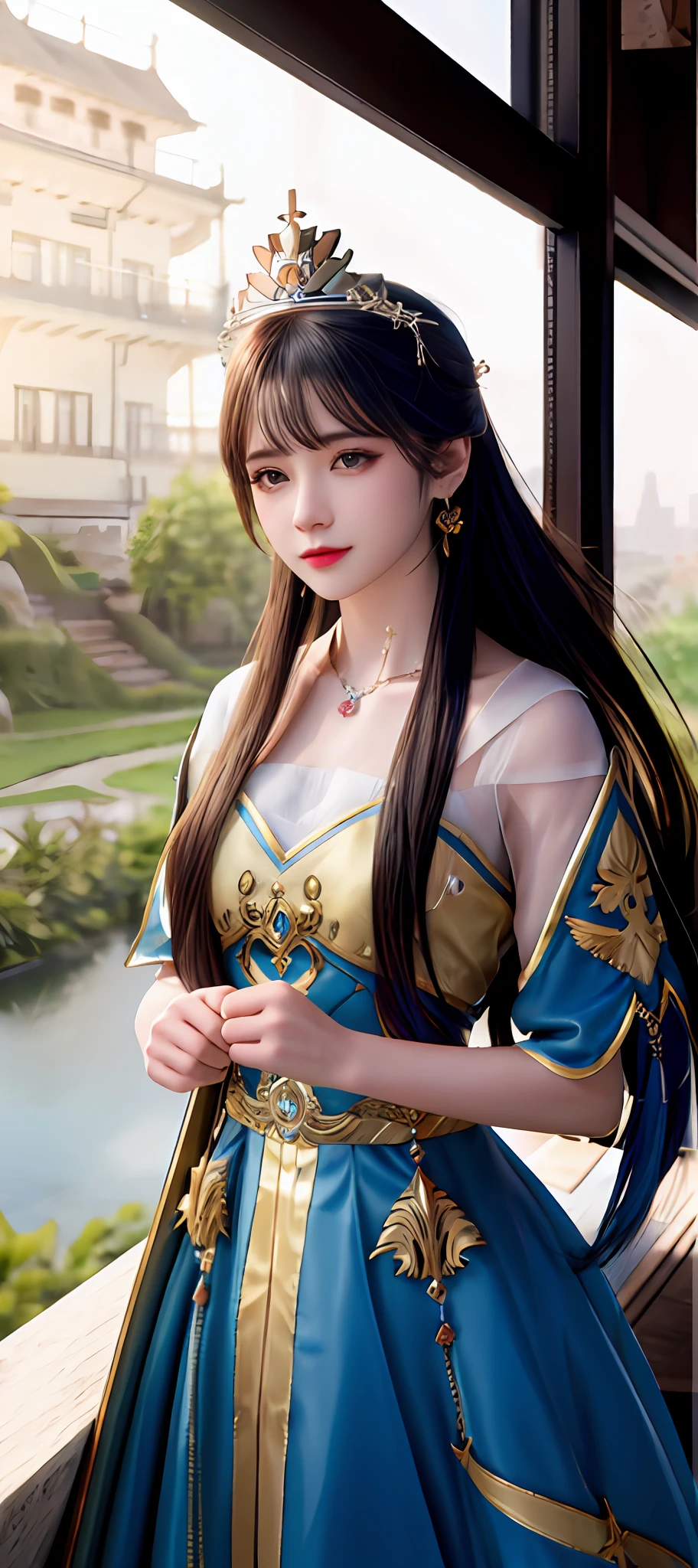 realisticity: 1.2), best quality, masterpiece, highres, super detail, ultra detail, cg, 1girl, weapon, sword, long hair, dress, water, solo, jewelry, yellow dress, wear a crown, earrings, hair ornament, splashing, upper body super realistis, hair bun, blue and pink hair, royal throne backgraun super realistis and super detai, ultra detail, lighting,candid, Photograph, high resolution, 8k, 10k, Bokeh,