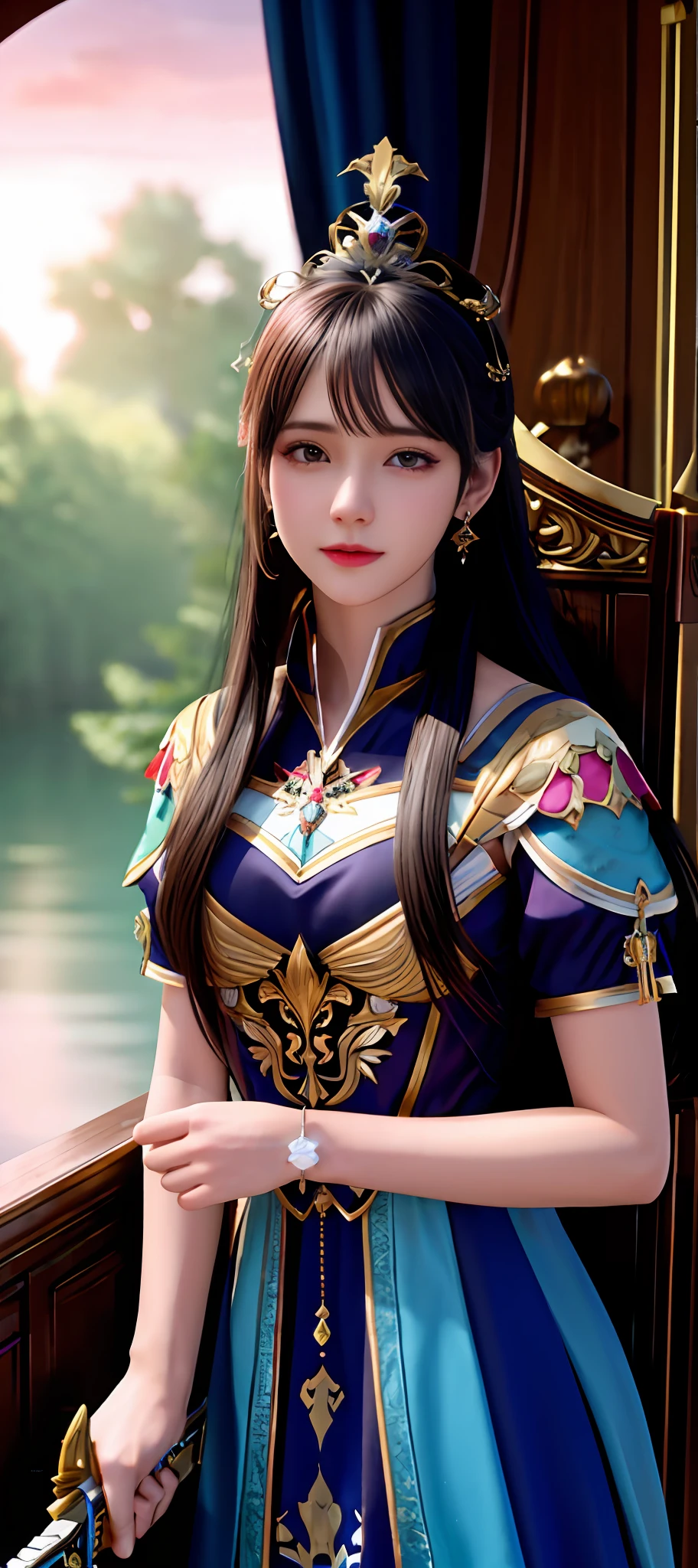 realisticity: 1.2), best quality, masterpiece, highres, super detail, ultra detail, cg, 1girl, weapon, sword, long hair, dress, water, solo, jewelry, yellow dress, wear a crown, earrings, hair ornament, splashing, upper body super realistis, hair bun, blue and pink hair, royal throne backgraun super realistis and super detai, ultra detail, lighting,candid, Photograph, high resolution, 8k, 10k, Bokeh,