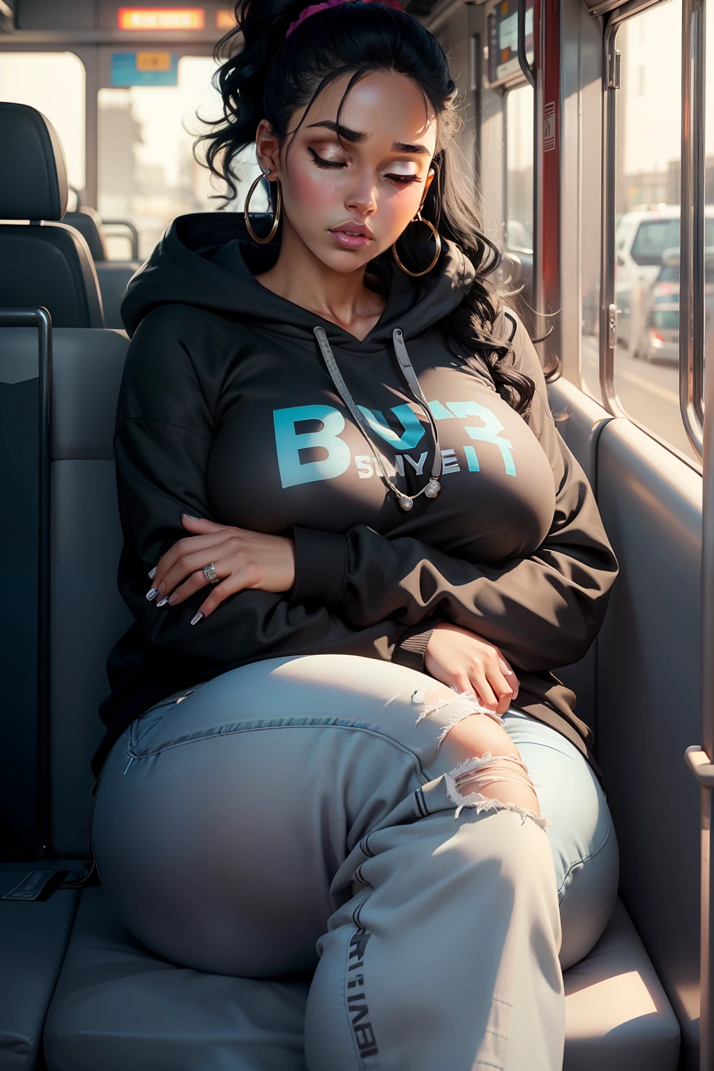 1 beautiful woman, curvy, large body, black hair, made-up face, ponytail, wavy tail, light blue jean pants, earrings, GRAY SWEATSHIRT WITH HOOD, big nails, made-up eyelids, sneakers, asleep lying on the bus, eyes closed, arms crossed, mouth open.
