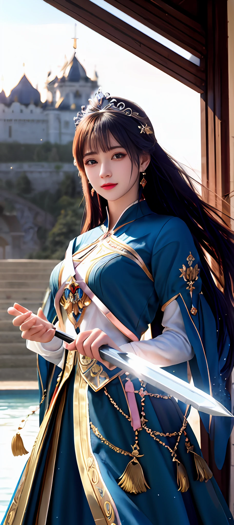 realisticity: 1.2), best quality, masterpiece, highres, super detail, ultra detail, cg, 1girl, weapon, sword, long hair, dress, water, solo, jewelry, yellow dress, wear a crown, earrings, hair ornament, splashing, upper body super realistis, hair bun, blue and pink hair, royal throne backgraun super realistis and super detai, ultra detail, lighting,candid, Photograph, high resolution, 8k, 10k, Bokeh,
