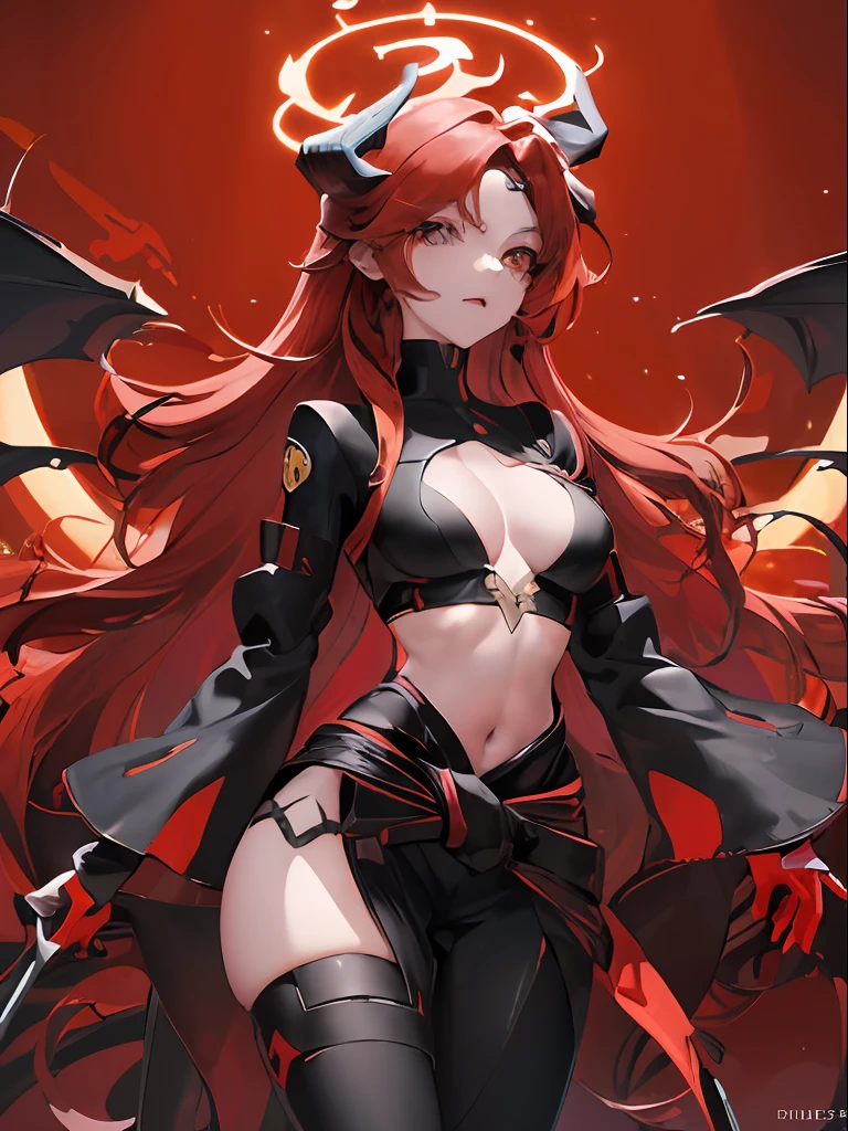 Futuristic Vtuber model concept design of a red wavy-haired woman with one golden eye with her (((torso floating above her waist like it’s been chopped in half))) has demon horns and tail with the end shaped like a fork, futuristic demon wings that disconnect from her body, fancy and detailed futuristic clothes
