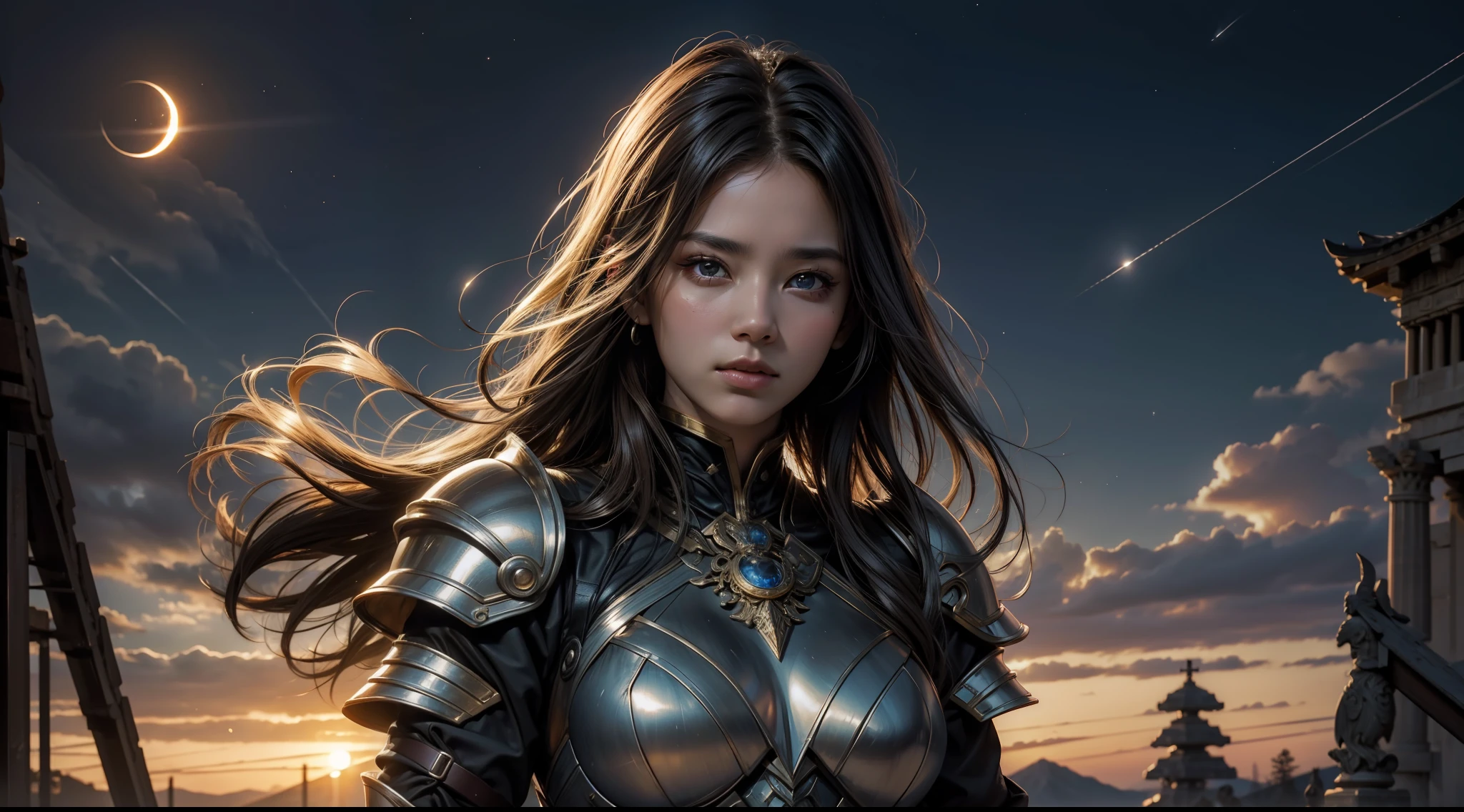 (tmasterpiece,top-quality,best qualityer,offcial art,Beauty and aesthetics:1.2),(tmasterpiece:1.3), (8k, realisticlying, RAW photos, best qualtiy: 1.4), beauitful face, (photorealiscic face), absurderes, Attractive, 超高分辨率, Ultra photo realsisim, highly detailed, the golden ratio, (Close portrait:1.3),(femele:1.4),(big breasts beautiful: 1.4),(carismatic:1.3),Goddess of War,Large breasts,Heavy armor,The background is ancient Greece,dynamicposes,Fighting posture,dramatics,the night,starrysky,galactic,solar eclipse,mito,