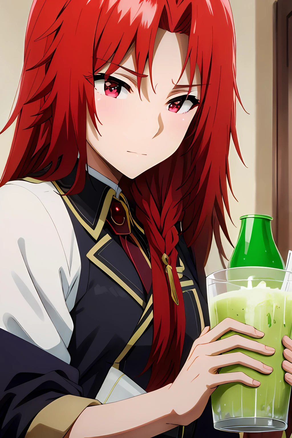 masterpiece, best quality, IrisMidgarV4, 1girl, solo, long hair, red eyes, braid, red hair, ,  juice