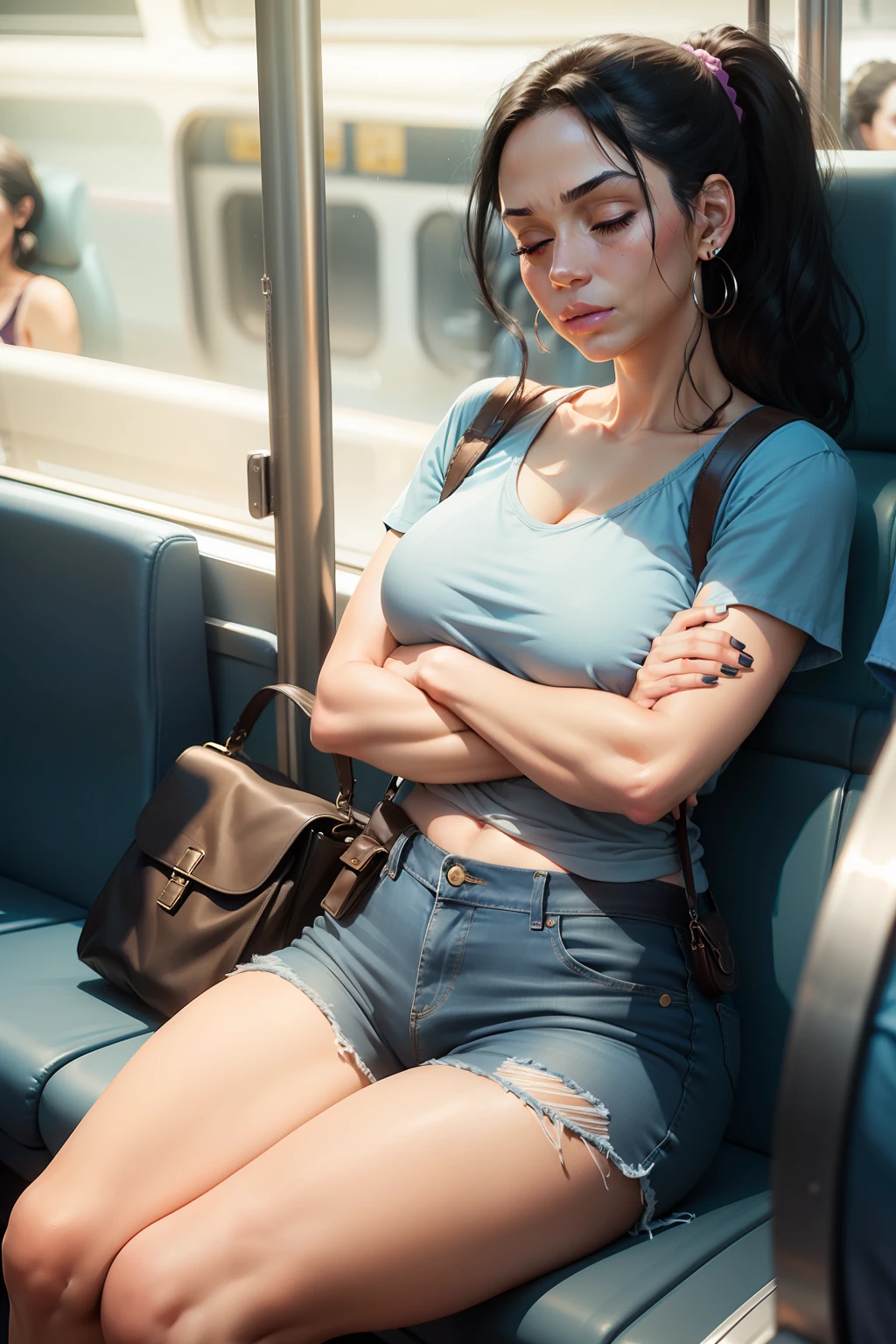 1 beautiful woman, lady, 40-year-old lady, older adult, black hair, made-up face, ponytail, light blue jean shorts, earrings, big nails, brown purse, made-up eyelids, sneakers, asleep lying on the bus, eyes closed , arms crossed, mouth open.