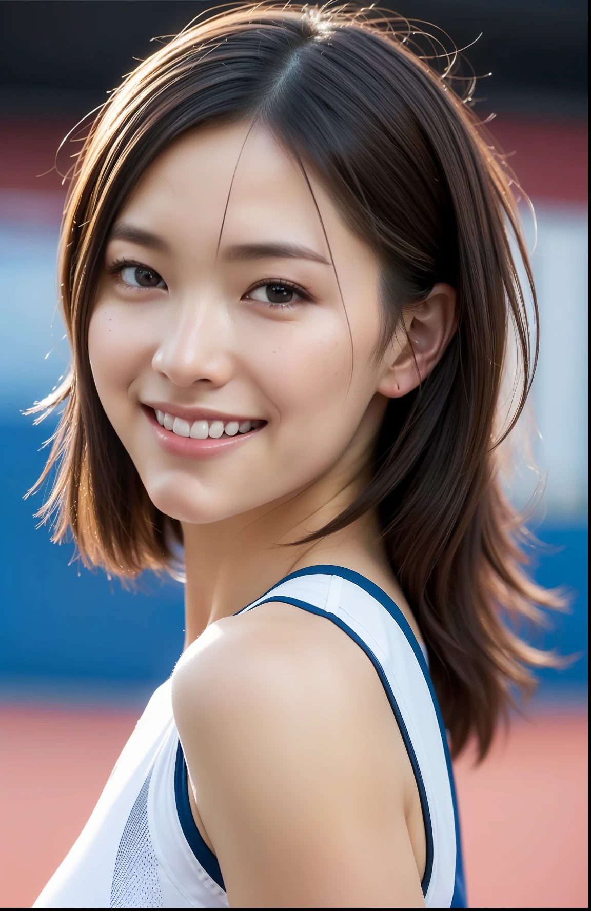 (((full bodyesbian)))、Posing、japanese beauty girl、((Short-cut hairstyles))、Perfect style、track and field uniform、beauty legs、kawaii、((Track & Field Athletes Women))、(((1人)))、((stadium))、Transcendent cute、A slight smil、Beautiful breasts、full bodyesbian、athletic field、((Outstanding style))、((Healthy body))、 Photorealsitic、Beautiful detailed eyes、Hyper-Realism、highcontrast、Ultra HD、realistic skin textures、Top image quality、top-quality、超A high resolution、Fine details、Very meticulously