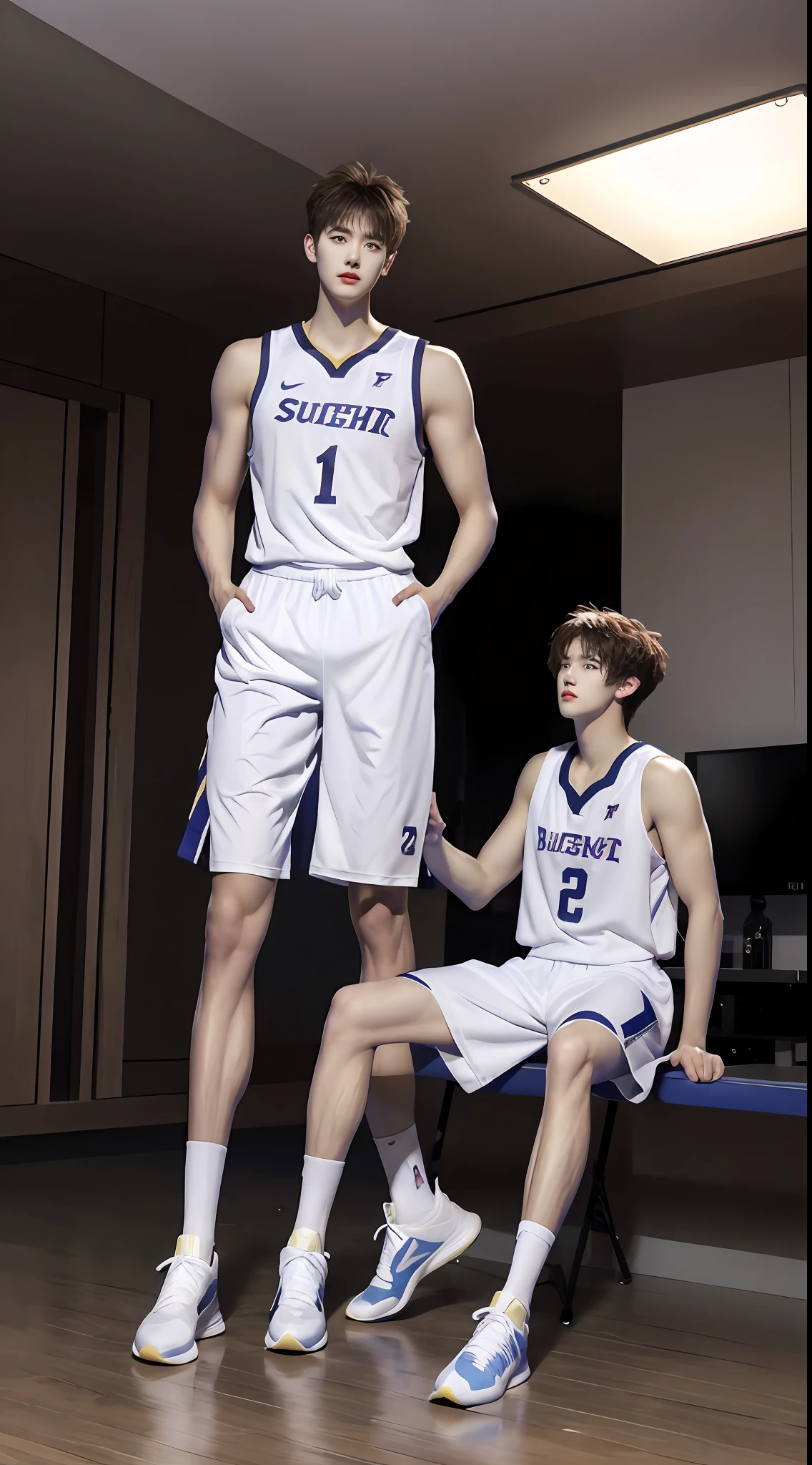 （A lovely Shota：2），（Colored screen：1.2），Solo，（full bodyesbian：3），（Stay away from the lens：3），Expose your legs，（revealing the whole body：2），（Frontal heads-up view：1.2），malefocus，（looking at viewert），16 yaers old，（Tall：3），（Tall guy：2），Super tall，（Height 300 cm：2），Excellent body proportions，（1.The shoulders are 5 times wider：1.2），（Slender straight legs：2.5），Slender feet，small heads，musculous，（Lovely and pretty：2），（The face of an anime man），（Very detailed beautiful face and eyes：2），（Big bright eyes：1.2），Sharp eyeliner，Clear and beautiful face，short detailed hair，（Correct facial features），（tilts your head：1.5），（having fun，ssmile：2），(White men's basketball uniform：2)，（Tight shorts），（Muscle firming：2），Strong，（Wide shoulders and narrow waist：2.2），Cool high-top basketball shoes，Huge muscles，Detailed muscle texture，Highlights muscle structure，At home，（Sit upright：4），（full length shoot），ultra-realistic realism, (Photorealistic detail), Incredible accuracy, lifelike textures, masterful technique, Jaw-dropping precision, artistic dedication，（anatomy correct），Good lighting，exquisite detailing，Best quality，stunning masterpiece，CG