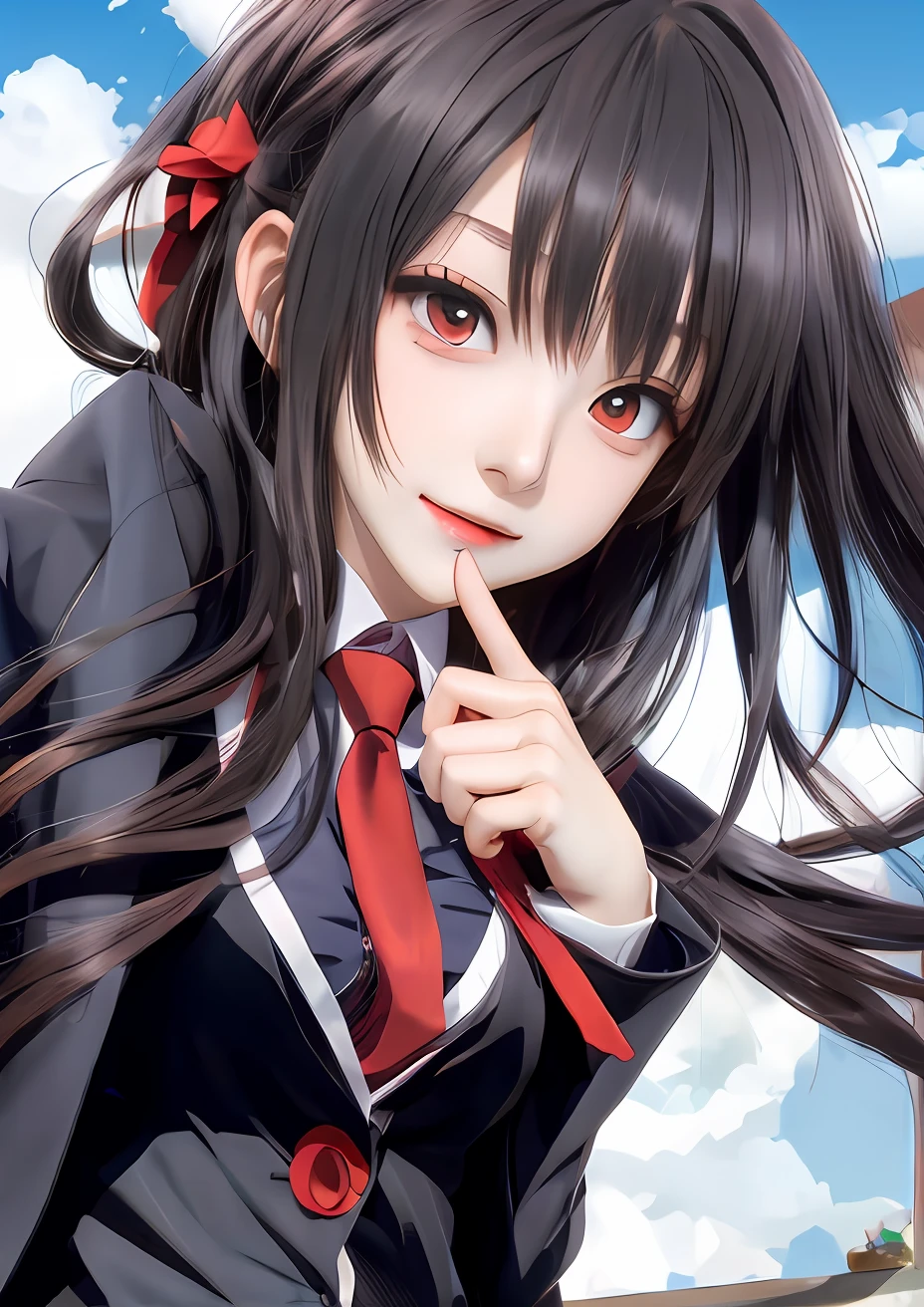 anime girl with long black hair and red tie ,realistic ,ultra detail , with index finger,