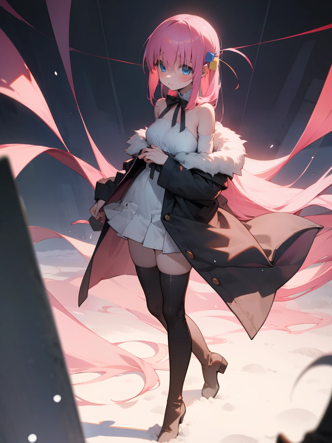 Bocchi, hitori gotoh, 1girl, pink hair, Winter clothes, full body, high quality, stockings, thigh high boots, best quality, masterpiece, (highly detailed:1.2), (extremely detailed:1.3), bare shoulders, blue eyes, string ribbon