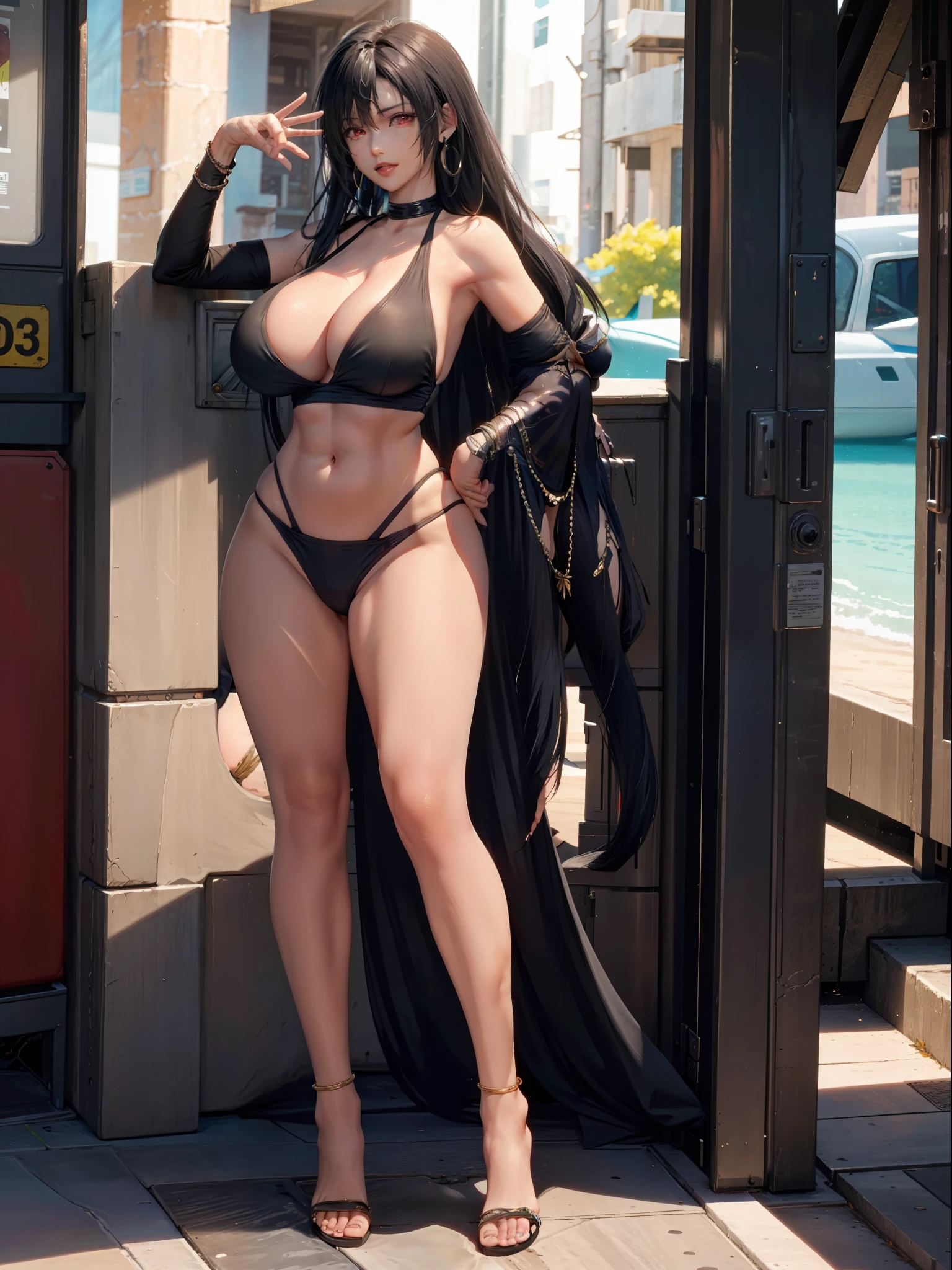 masterpiece, best quality,3d rending work ,3DMM style,close-up, 3D,1girl, solo, black hair, teardropshaped earrings, realistic, (full body:1.5), beach background,sand, sea, bangs, long straight black hair, parted lips, choker, makeup, ( bikini:1.5), (red eyes), tifa lockhart, (huge breasts:1.5) enormous droopy breasts, macromastia, cleavage, exposed stomach, toned abs, toned arms, slim, thin figure, long legs, posing, smiling, happy