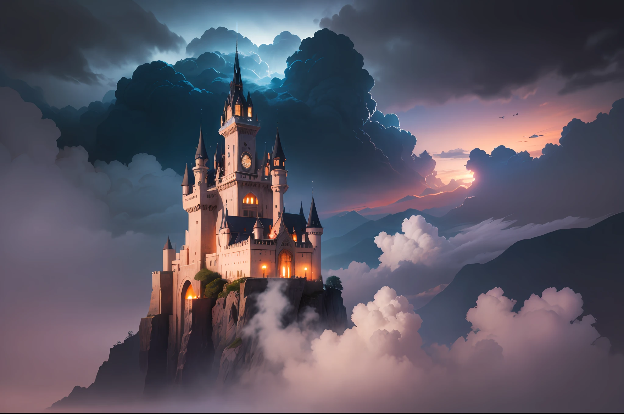 "Castle in the Sky", majestic, mystical, floating, ethereal atmosphere, dramatic lighting, vibrant colors, intricate details, breathtaking view, clouds swirling around, a sense of wonder and awe.