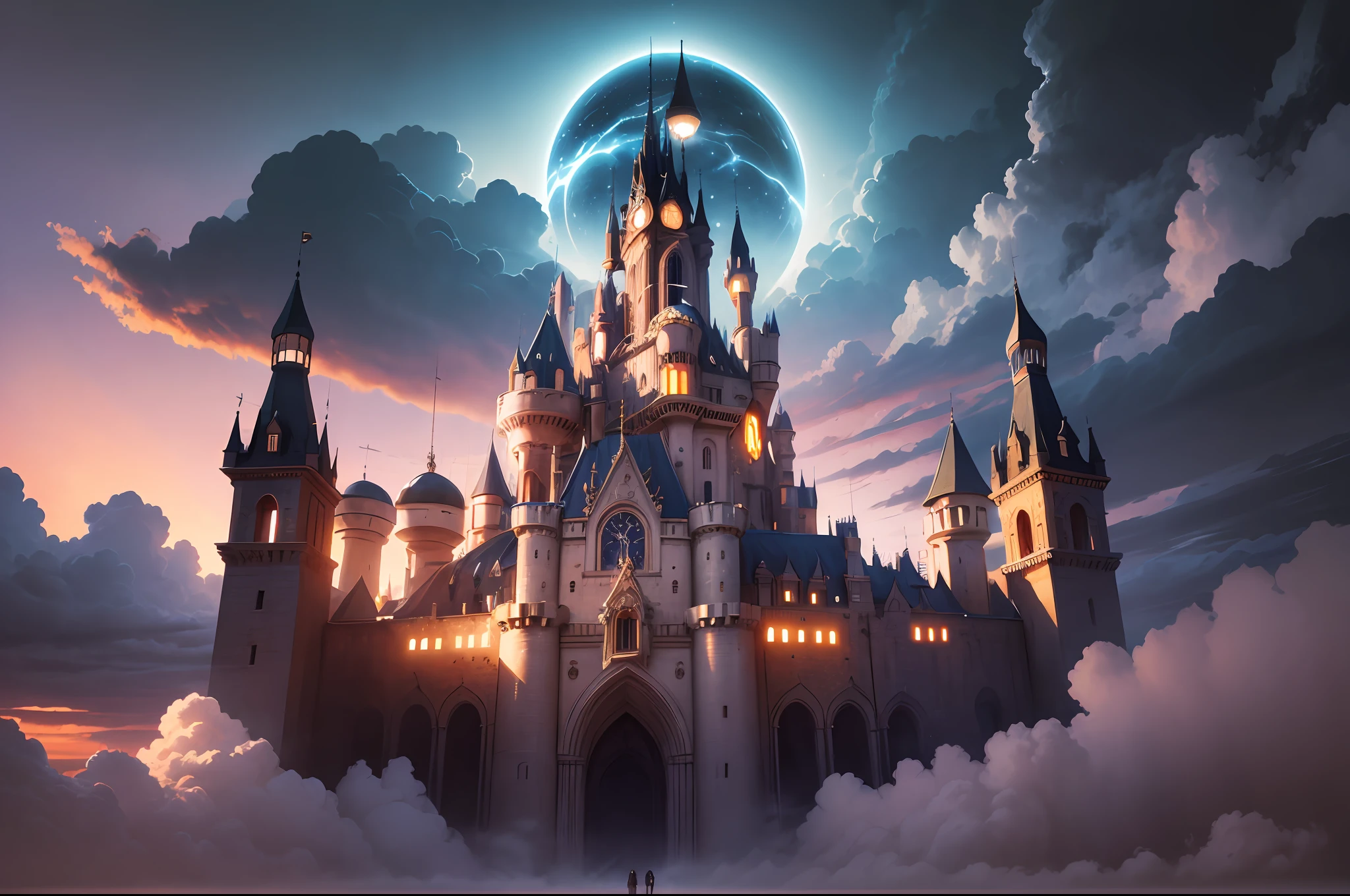 "Castle in the Sky", majestic, mystical, floating, ethereal atmosphere, dramatic lighting, vibrant colors, intricate details, breathtaking view, clouds swirling around, a sense of wonder and awe.