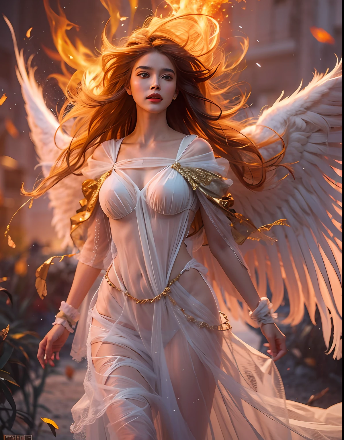 Um belo anjo, com cabelos vermelhos virando fogo, uma mulher anjo, (((seios grandes, um anjo com asas de fogo))), ela transmite calor e paz, wallpaper, 8k, detalhes intrincados, obra-prima
