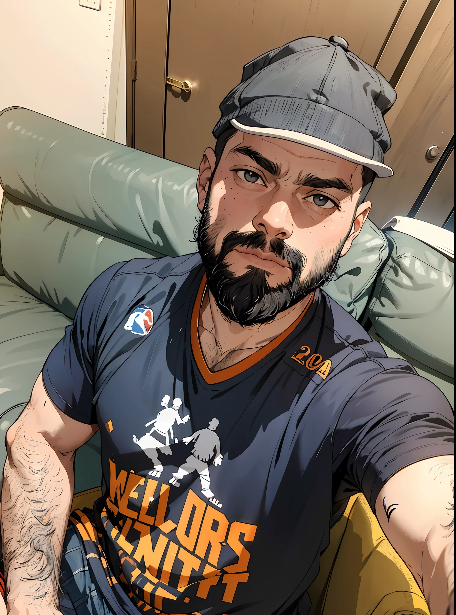 there is a man with a beard sitting on a couch, Foto selfie 8k, vestindo camisa de basquete, com uma barba preta cheia, Vestindo a camisa da NBA, Streamer do Twitch / Jogador Ludwig, No logo!!!, 2 8 anos