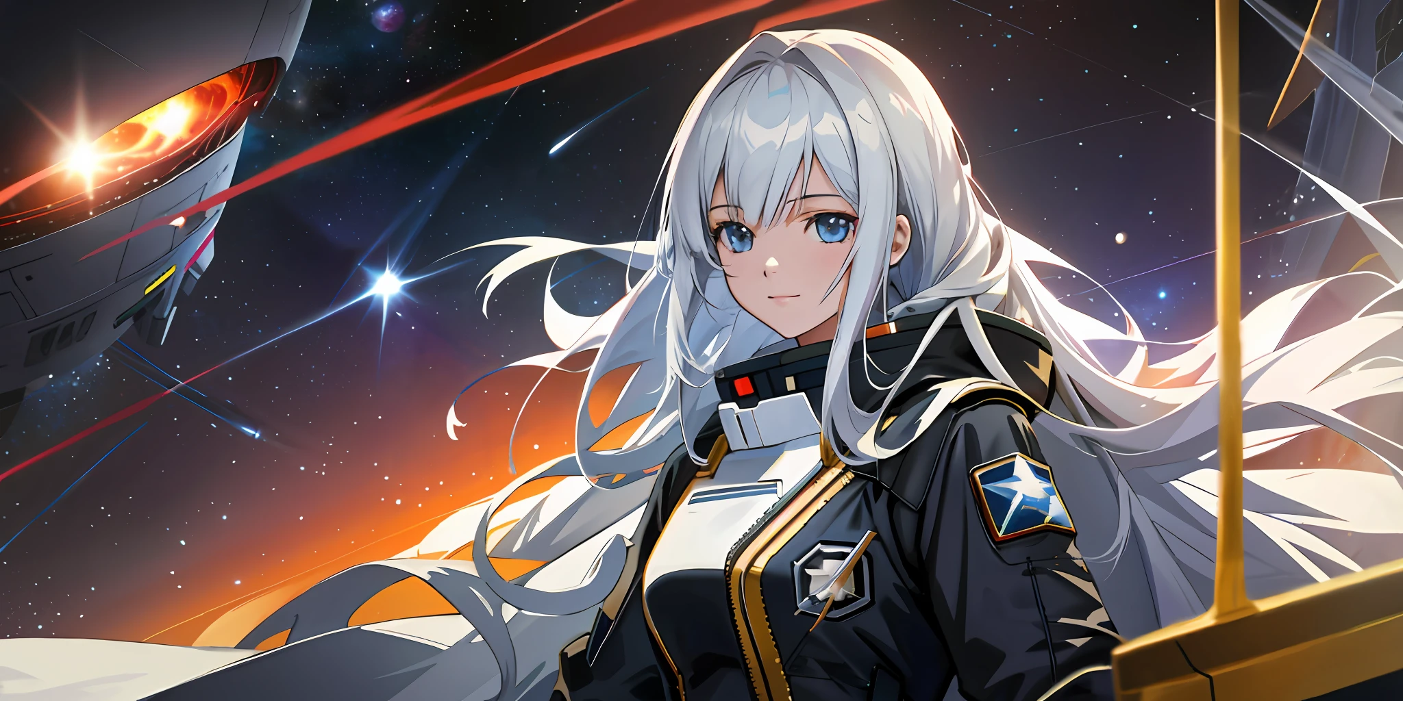 Girl standing on a space command ship，A slight smil，Space in the distance is still fighting，A nearby exploding star gradually collapsed into a black hole。Maiden Governor，White-haired girl，long whitr hair，portrait of teenage girl，Wearing an imperial scientist white coat，Starship battlefield，Anime wallpaper 4K，anime wallpaper 8 K，Starskrim，realistic space，Simple，sci-fy，photorealestic