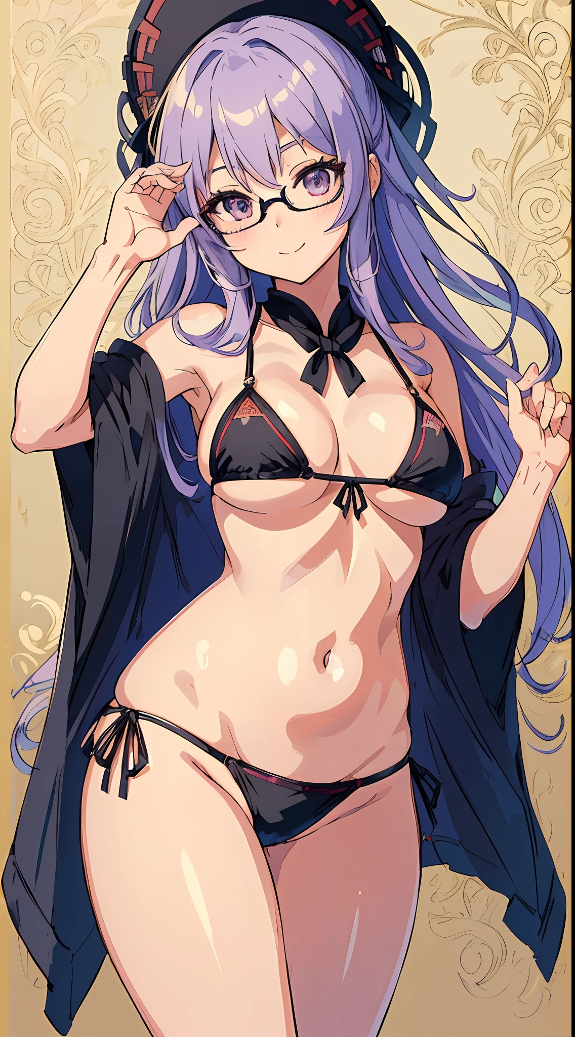 NSFW, (mushoku tensei, Dynamite Body, Momo-chan, large chest that hangs down, eye glasses), (Tight ultra detail bikini, high-heels), (Very beautiful layer cut medium hair, Very beautiful pastel purple hair:1), (masterpiece:1.2 Top Quality:1.2, in 8K, 2D, wall-paper:1.2, The Ultimate Illustrator:1.2, High resolution, Cinematic Light:1.2), 1womanl, (Cowboy Shot, open stance), (kawaii faces), (More eyelashes), (Amazing eyes), ((The focus of her face seen from the front:1,3)), ((Close her face:1.2)), Very close to the face from below, kawaii, (ultradetailed eyes, Black eyes), (Beautiful detail double), Smooth nose, (Dynamic Pose, Curvaceous:1, Footboard beauty:1.2), (Love Smile),